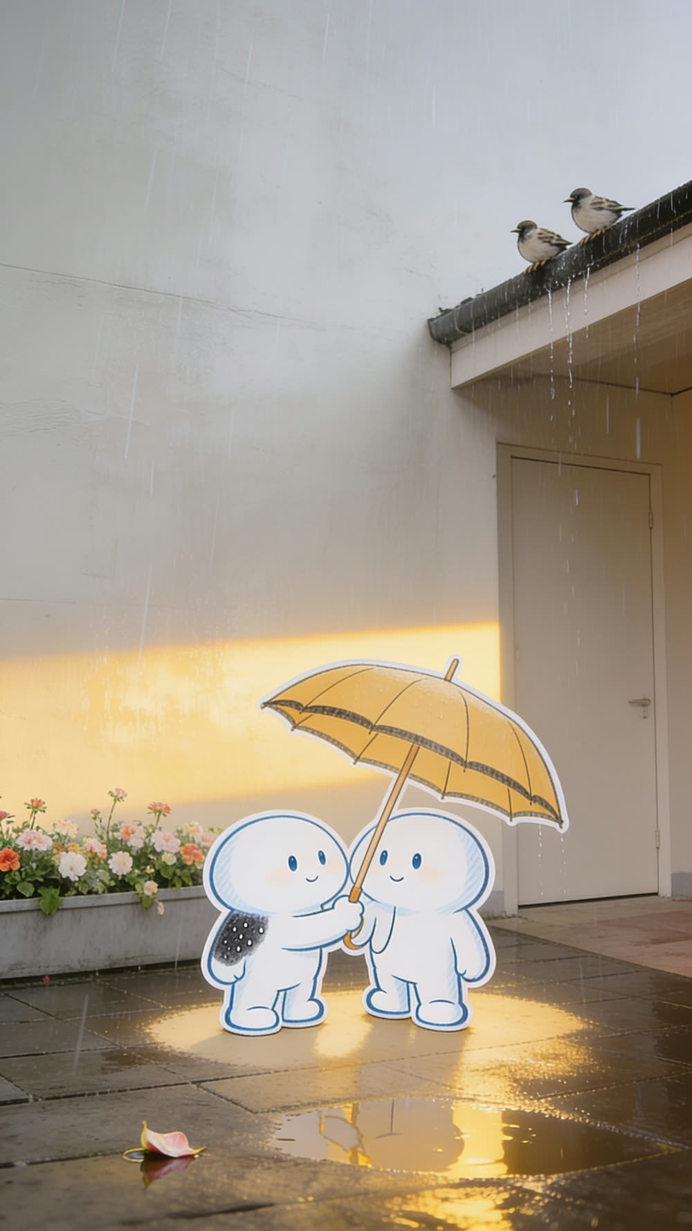 The mascot holds the huge yellow umbrella high and level again, tilted away from itself toward a second mascot figure now standing fully under the canopy with a small smile, while the first mascot's own far shoulder is out past the canopy's edge in a light drizzle.