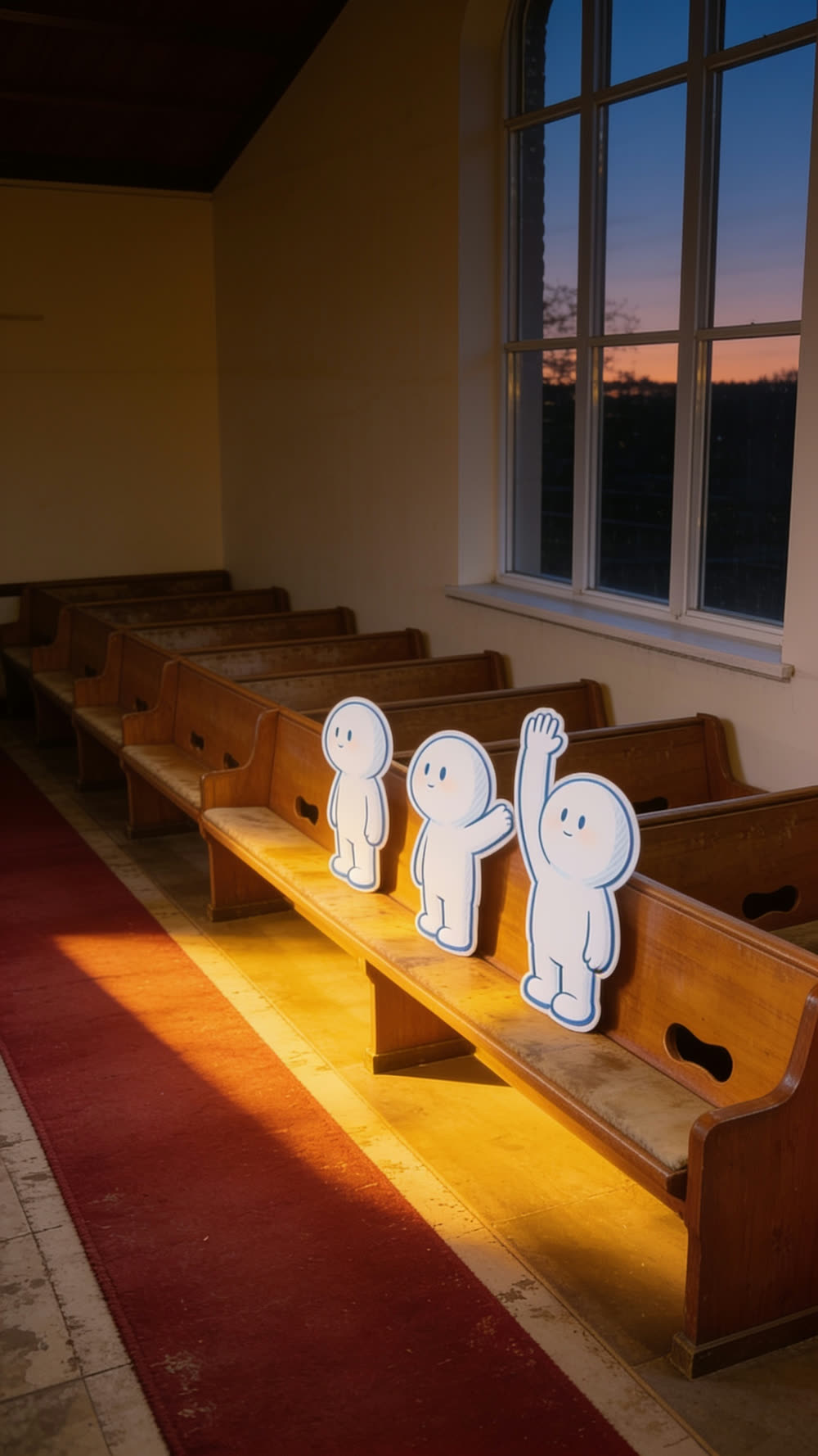 Three round white cutout mascots stand side by side in the front pew in warm low light, each with a hand at a different, honest height, none of them turned to check the others, all three facing the same bright windows.