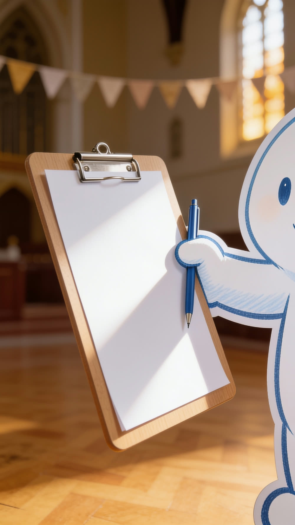 A blank clipboard with white paper and a blue pen tilts in mid air, held by a round mascot character's hand, inside a sunlit church hall strung with pastel bunting.