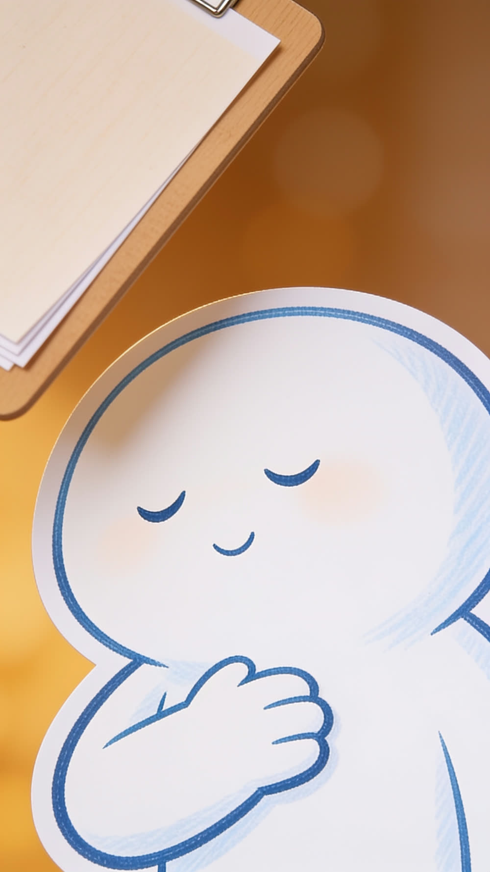 Close up of a mascot character's face, eyes shut and head tilted back slightly in a holy pose, one hand pressed flat to its chest, a blank clipboard visible just above.