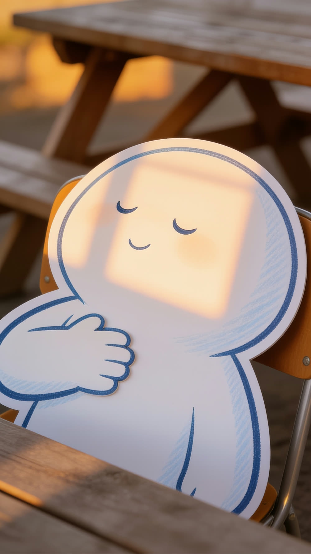 Close up of a mascot character sitting back at a picnic table, eyes closed, one hand resting on its chest in visible relief, warm evening light on its face.