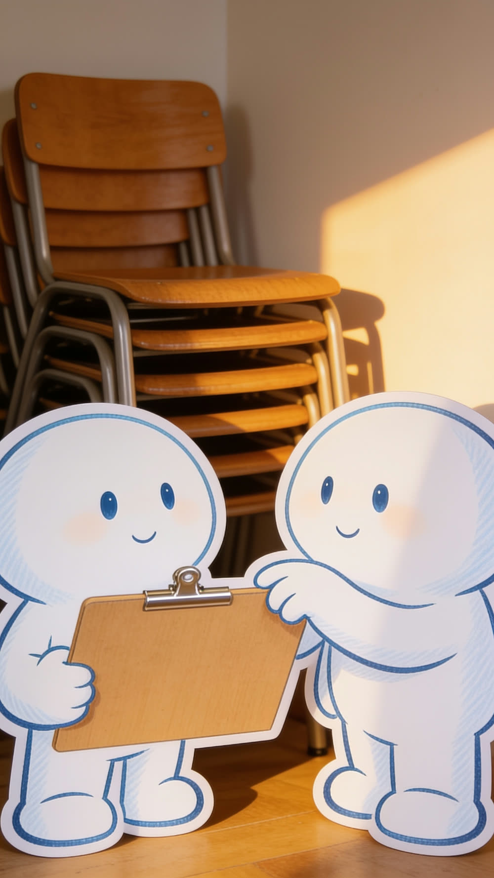 Two mascot characters face each other in front of a stack of wooden chairs, one holding out a blank clipboard toward the other, both smiling.