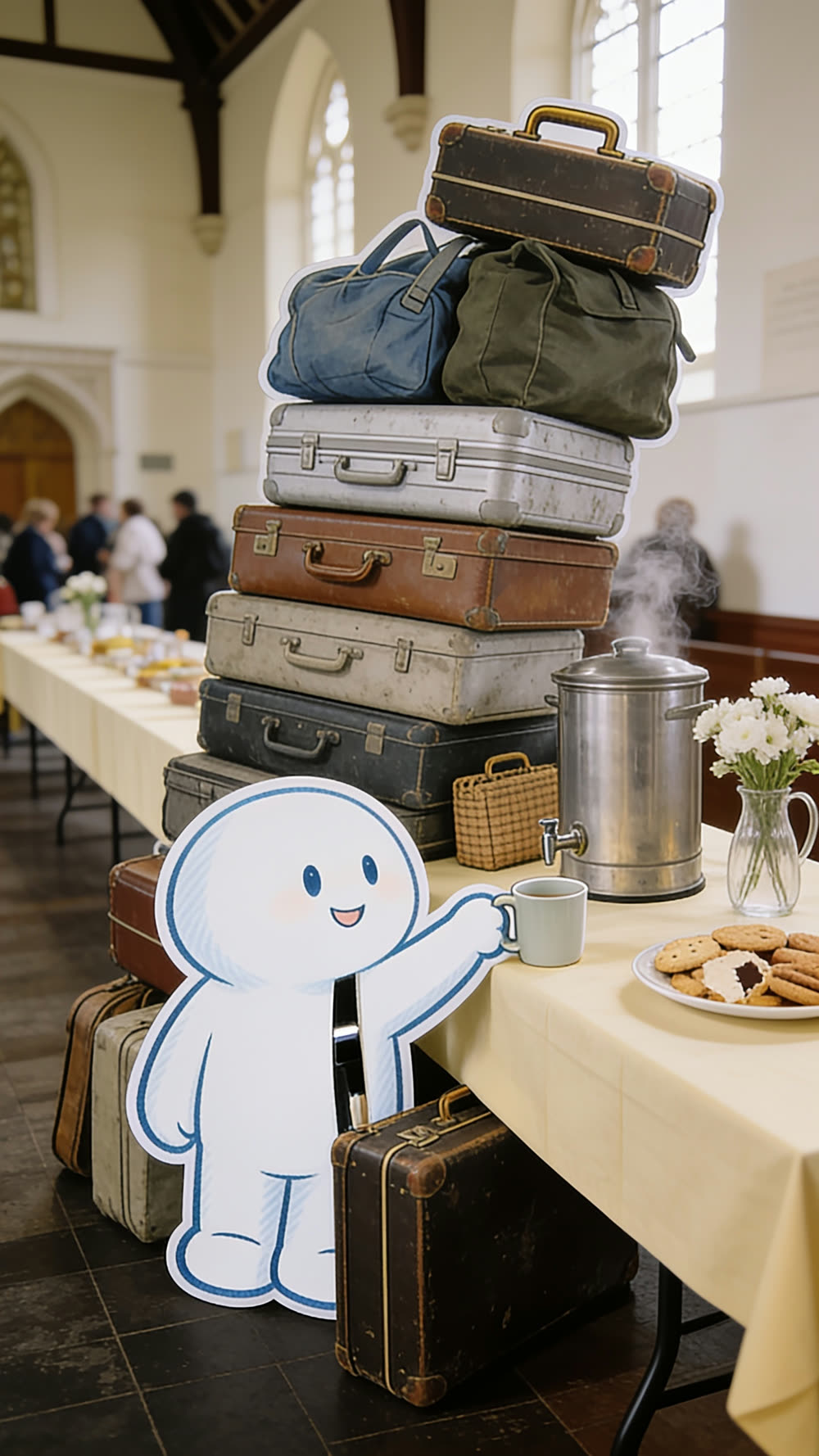 Pundayschool's round white mascot character stands buried beneath a leaning tower of suitcases and bags in a church hall, still smiling, still pouring a cup of tea through a gap in the luggage.