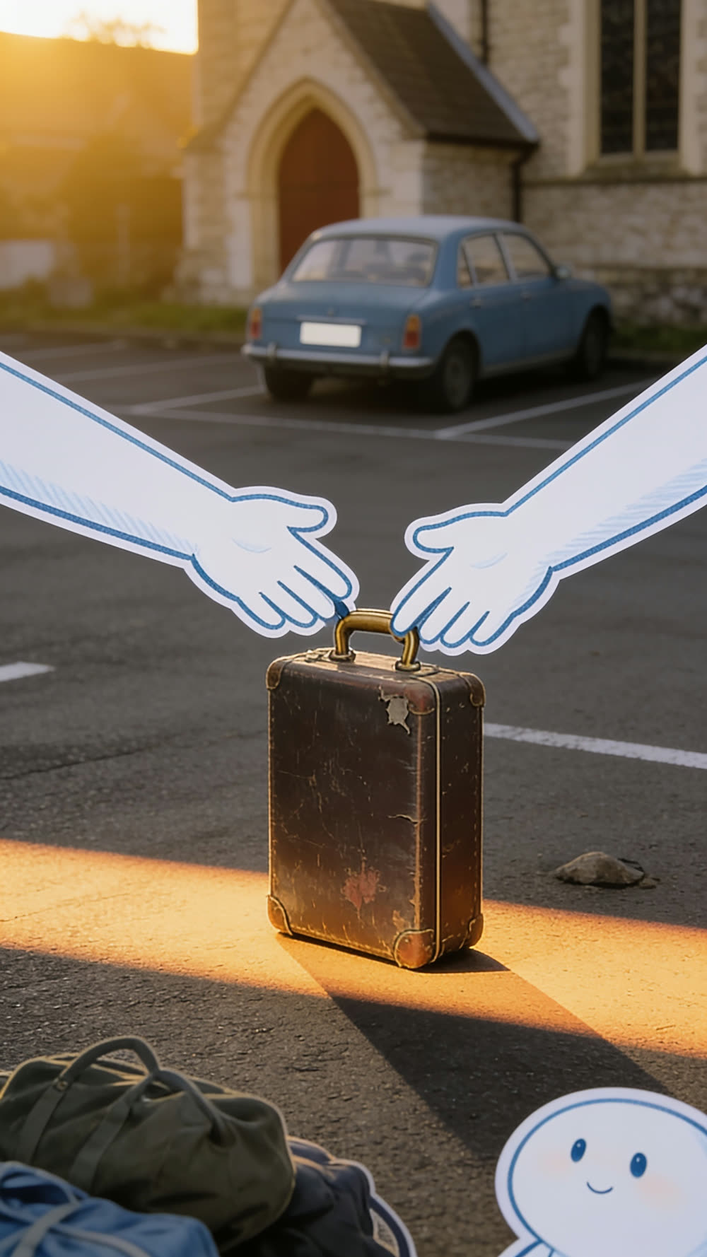A close view of two flat cutout hands releasing the handle of an old, worn suitcase, setting it down onto sunlit tarmac.