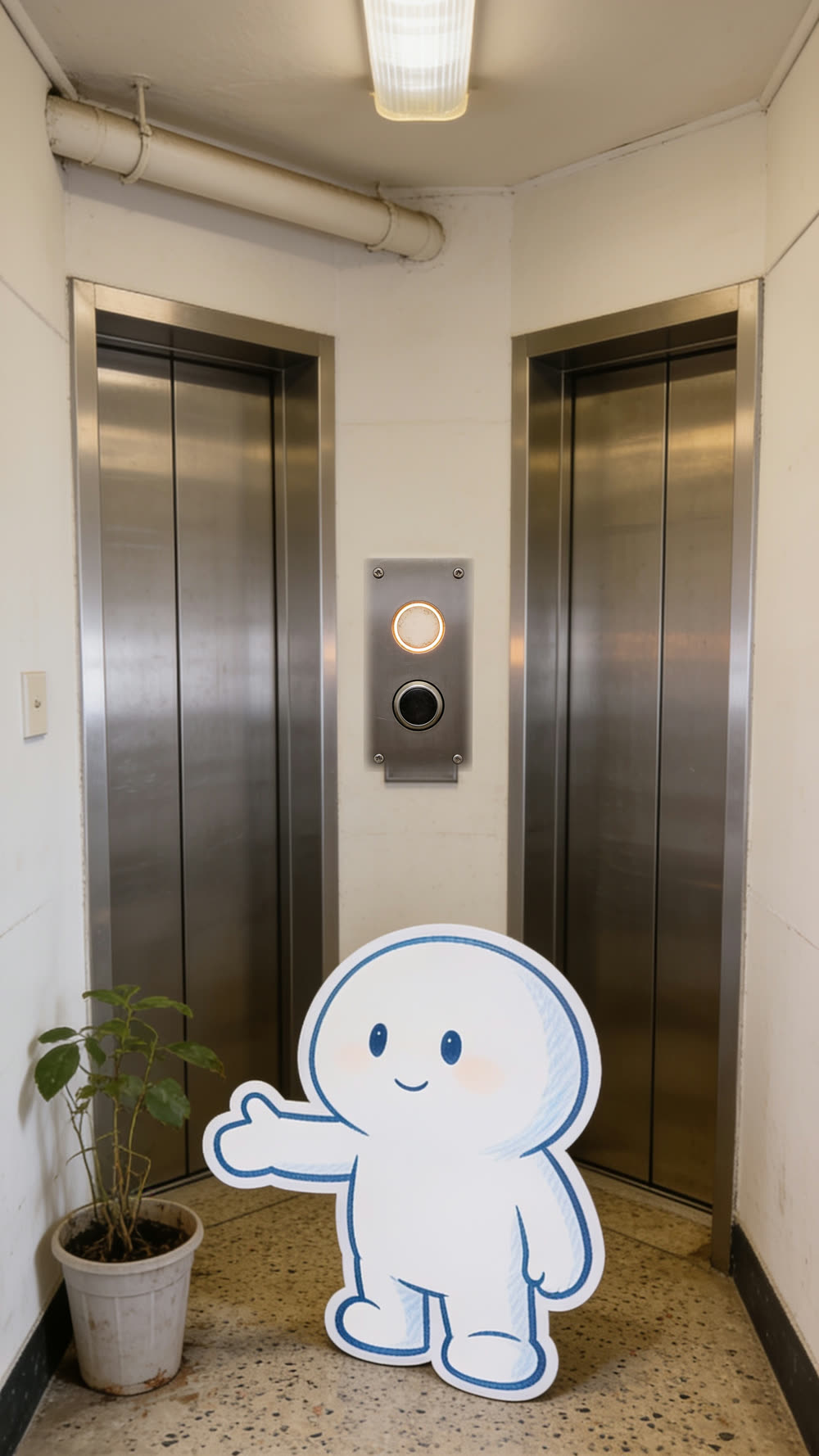 A small elevator lobby with two stainless steel elevator doors side by side, a lit call button panel mounted on the wall between them, a leafy potted plant in the corner, and Pundayschool's round white mascot standing below the panel, one hand raised and pointing up at the button.