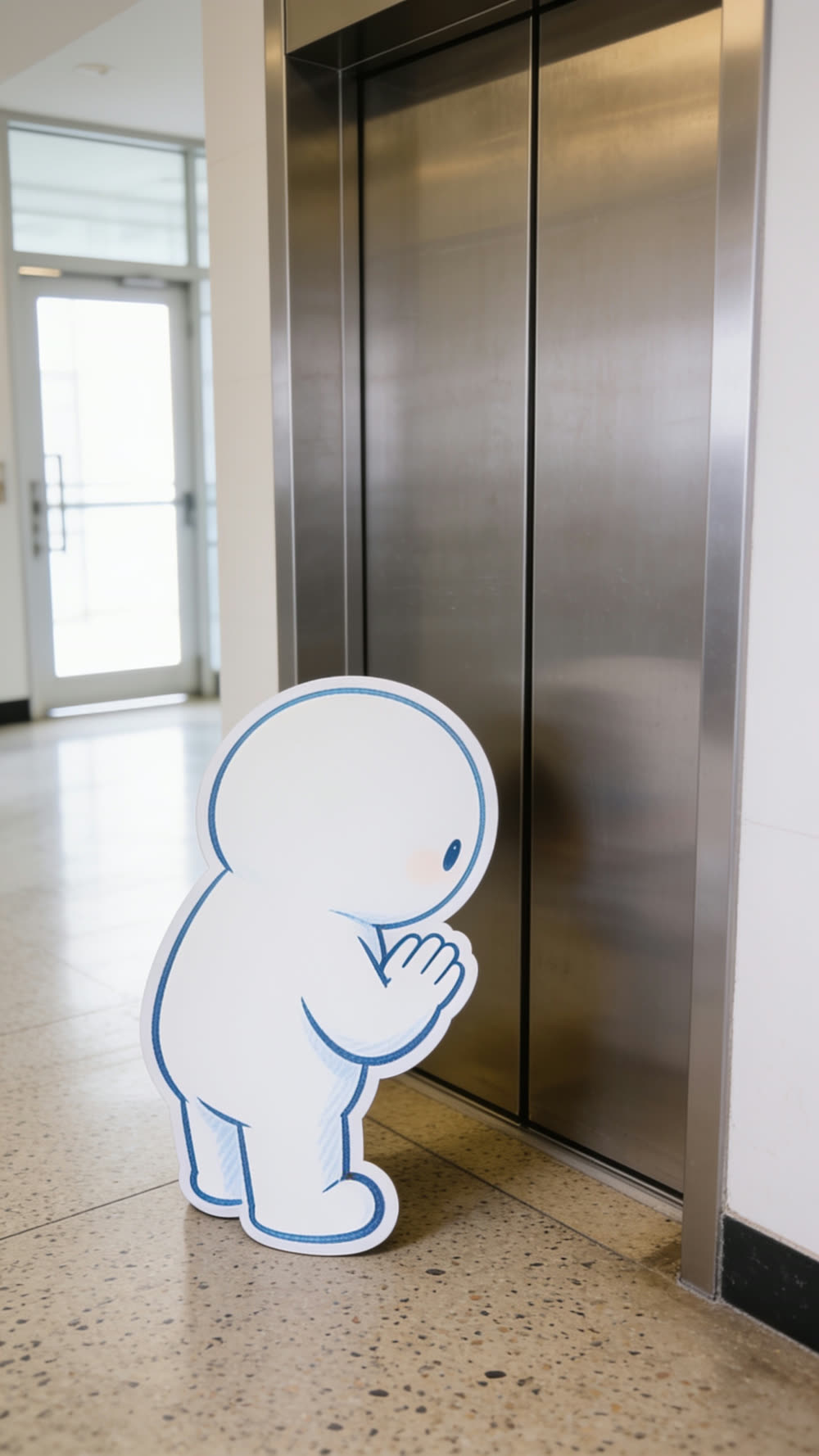 The mascot stands with its back mostly to the camera, hands clasped together under its chin in a praying posture, head bowed, waiting on the mat in front of the closed elevator doors.