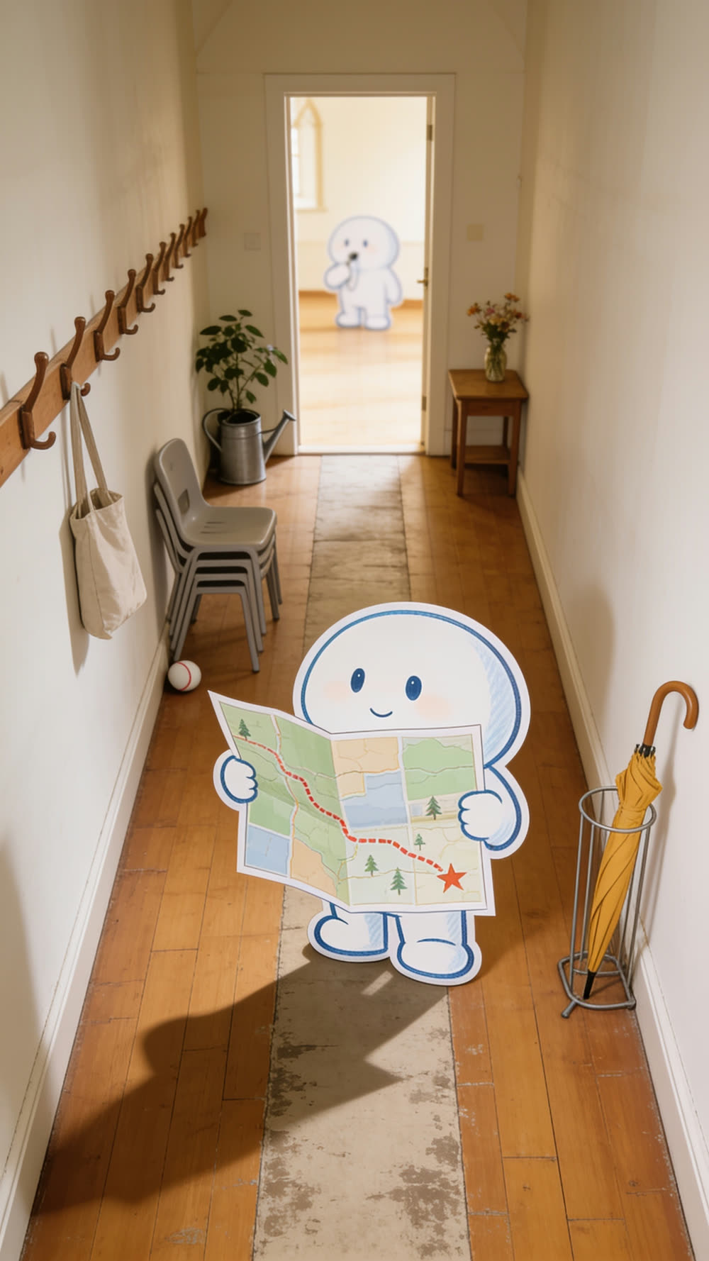 The same round white cutout mascot stands cheerfully near the start of a plain church hall corridor, holding a fully unfolded paper map with both hands, a dashed route line and small star visible on the sheet, a worn path curving around a corner further down the hall.