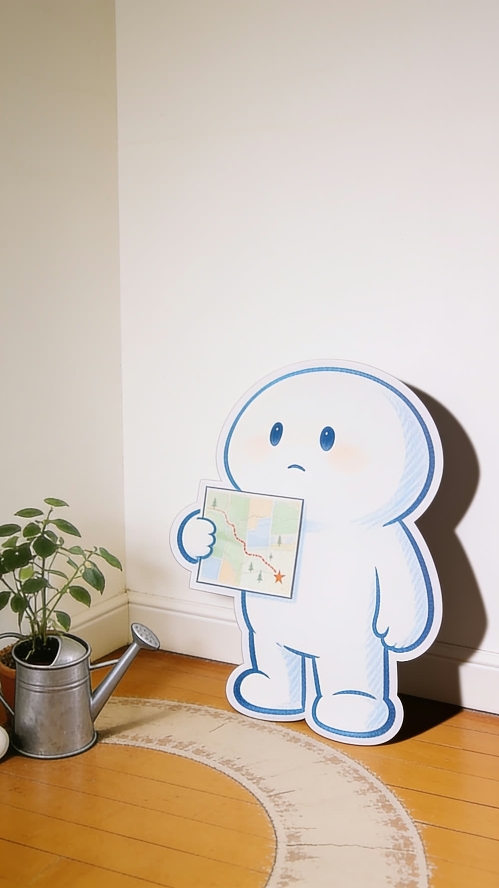 A round white cutout mascot with a blue outline stands upright in a hallway corner, one small bounce-step back from a plain wall, calm and deadpan, holding a paper map folded down into a small neat square in one hand, a leafy potted plant and a metal watering can beside it on the wooden floor.