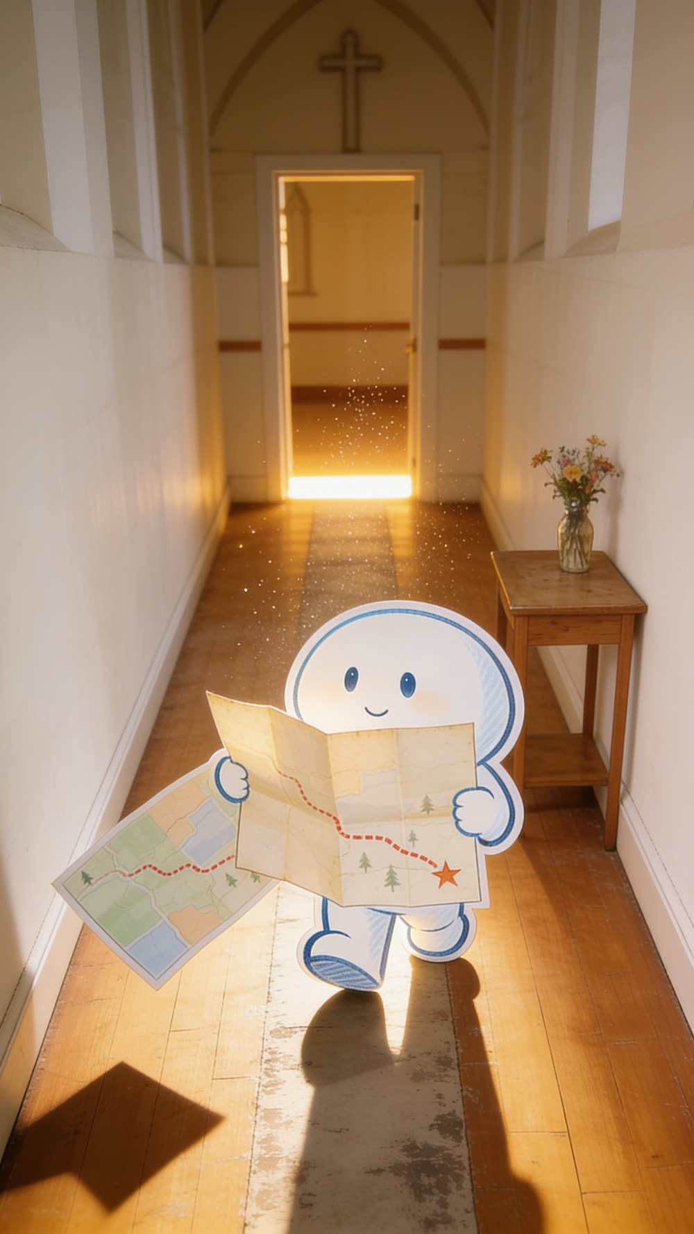 The mascot walks toward camera down the corridor into warm golden light spilling from a doorway at the far end, holding the map fully open and unfolded again, its face lit and content, dust motes drifting in the light.