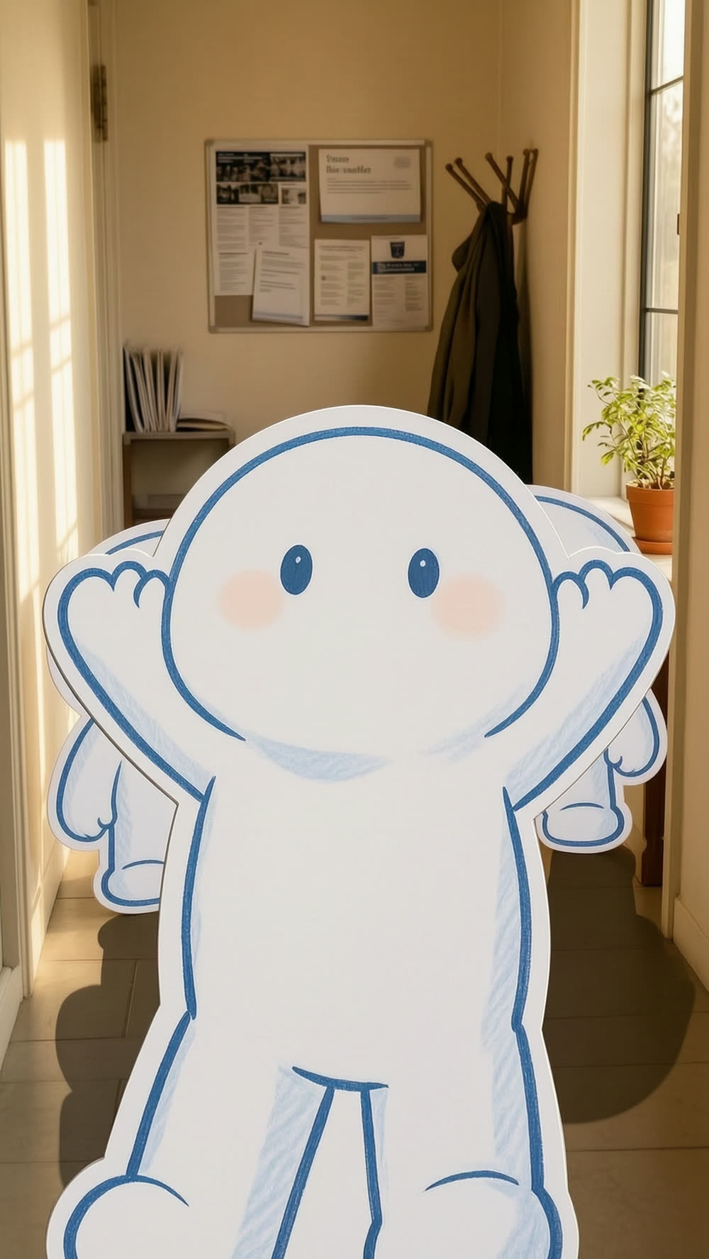 Close shot: a mascot's arms shoot up in an exaggerated wave, a big forced smile on its face, the other mascot soft-focused in the background.
