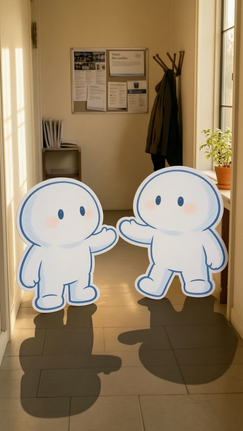 Warm two-shot: both mascots facing each other, softened expressions, a quiet moment of real connection.