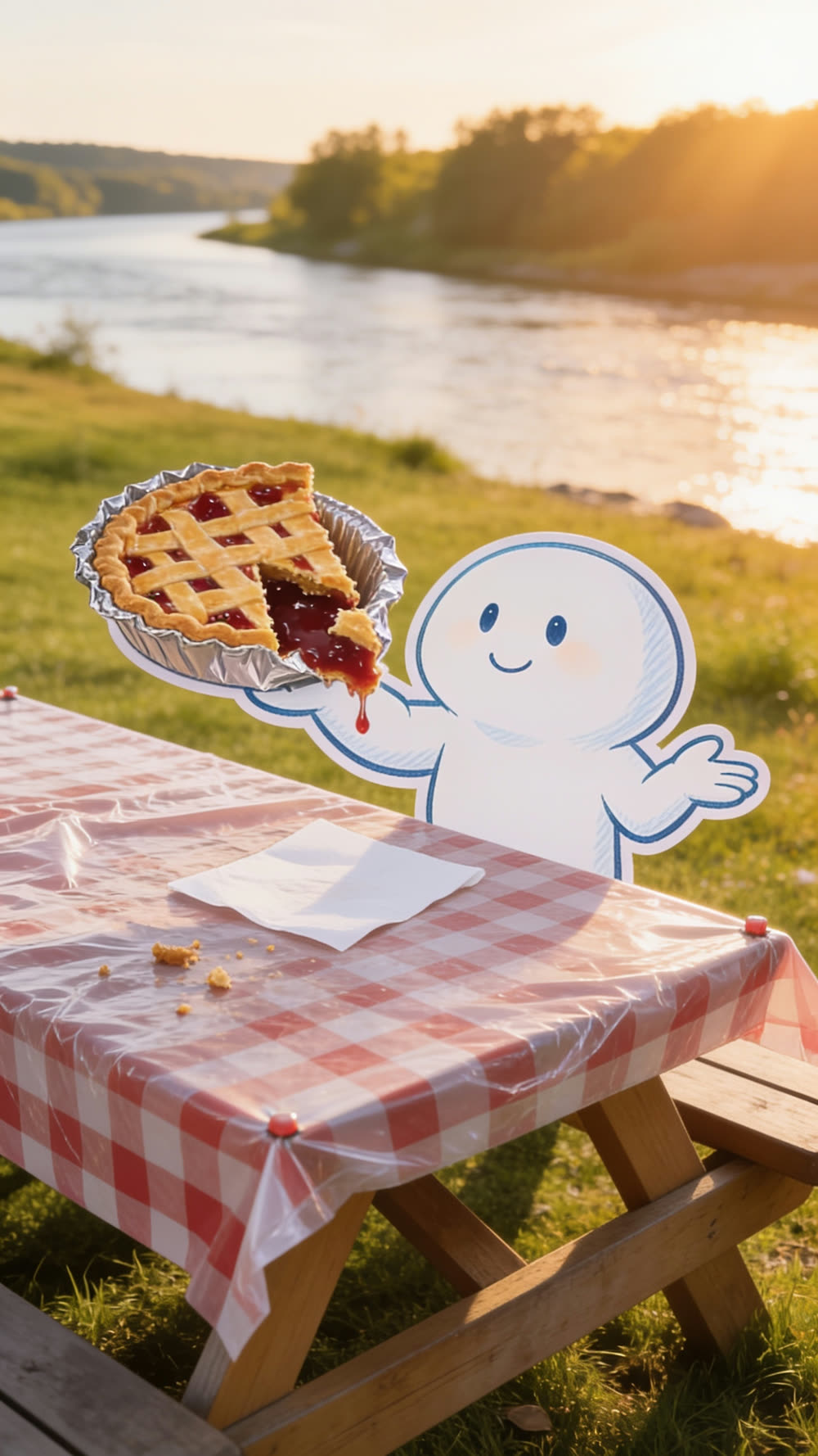 One mascot stands at the picnic table holding a wedge of cherry pie balanced on a paper napkin in one hand, its other hand turned palm-up and empty with a puzzled little smile, no fork or plate anywhere on the table beside it.
