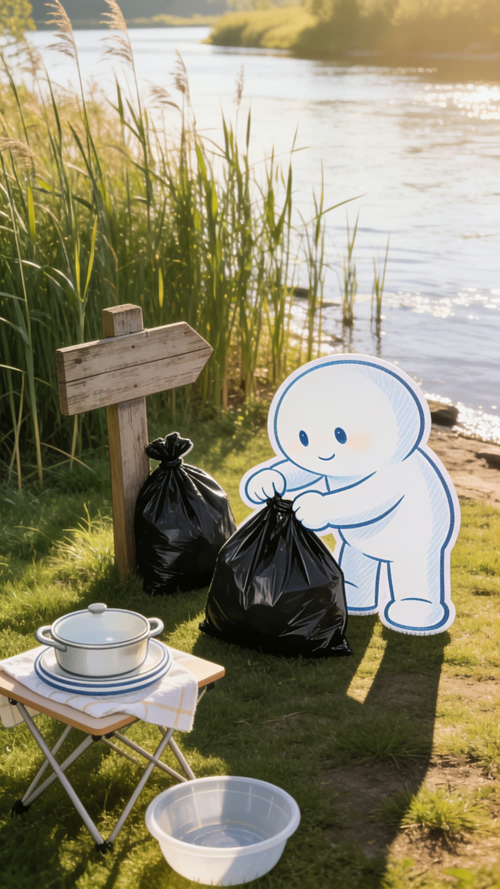 One mascot ties off a bulging black trash bag near the reeds by the riverbank, with a second tied bag already resting against a wooden signpost and a stack of clean casserole dishes drying on a towel nearby.