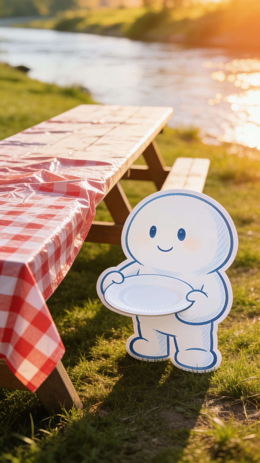 One mascot holds up a single plain white paper plate in both hands at chest height, looking at it with a small, fond smile, as though it were something precious.
