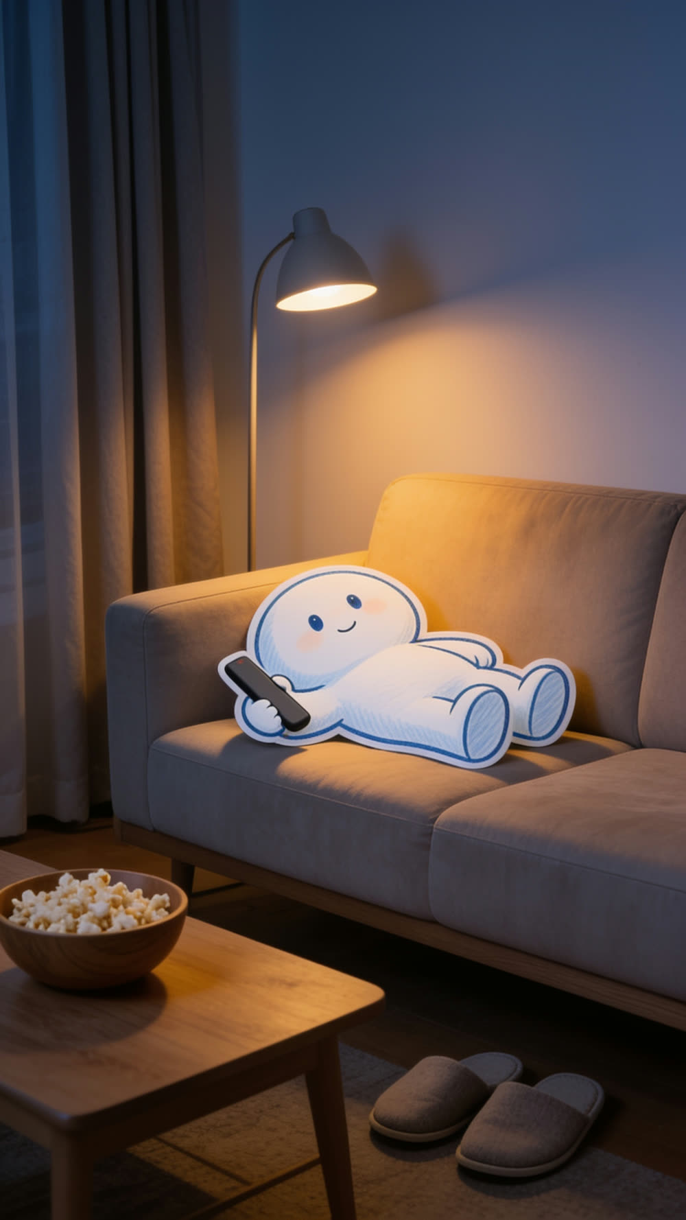 The mascot flops onto a plain sofa in a warm living room at evening, remote in hand, having just prayed a prayer of surrender.