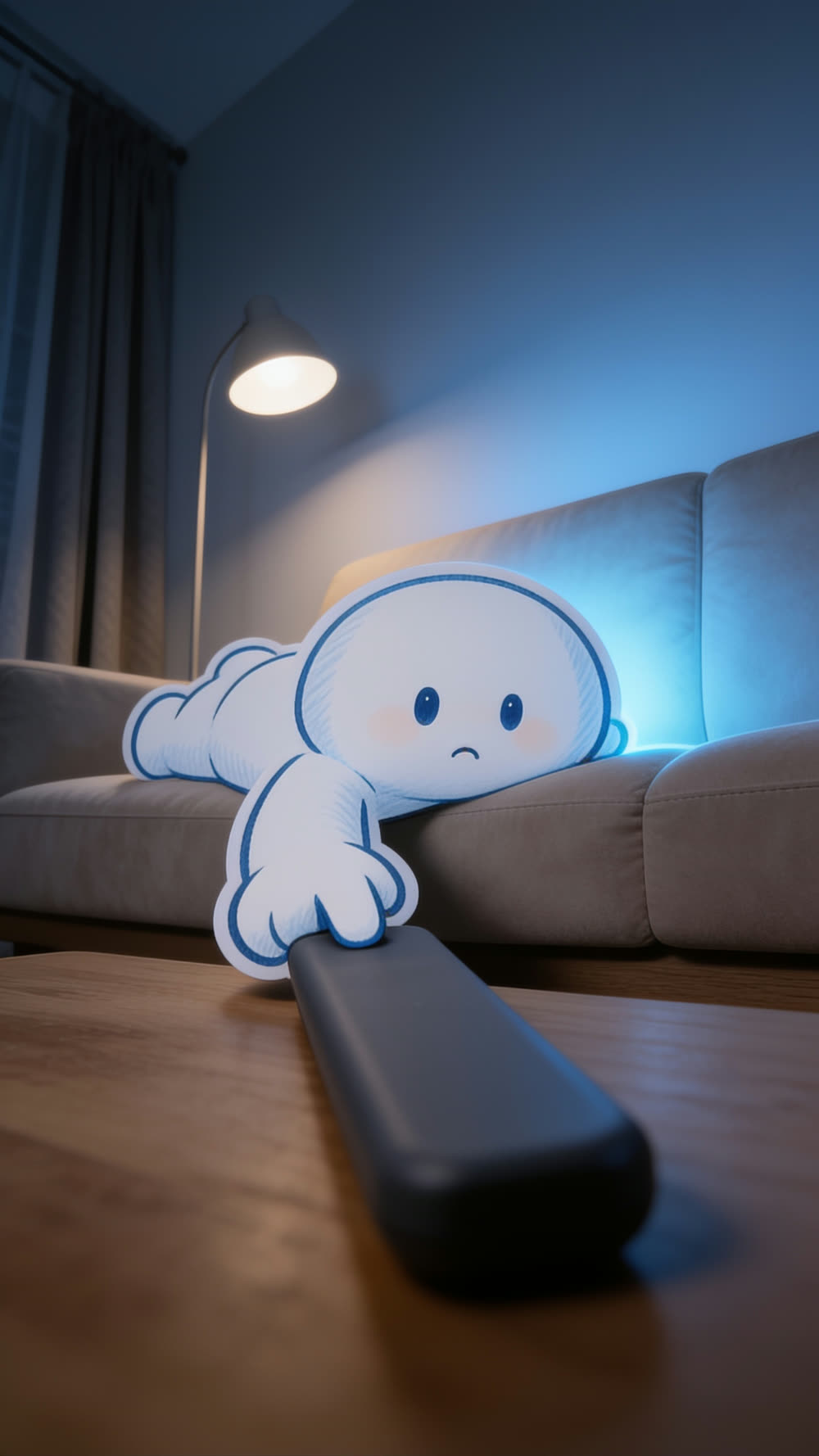 The mascot on the sofa, hand creeping across the cushion toward the TV remote as the week's stress starts to rise, cold blue light flickering from the screen.