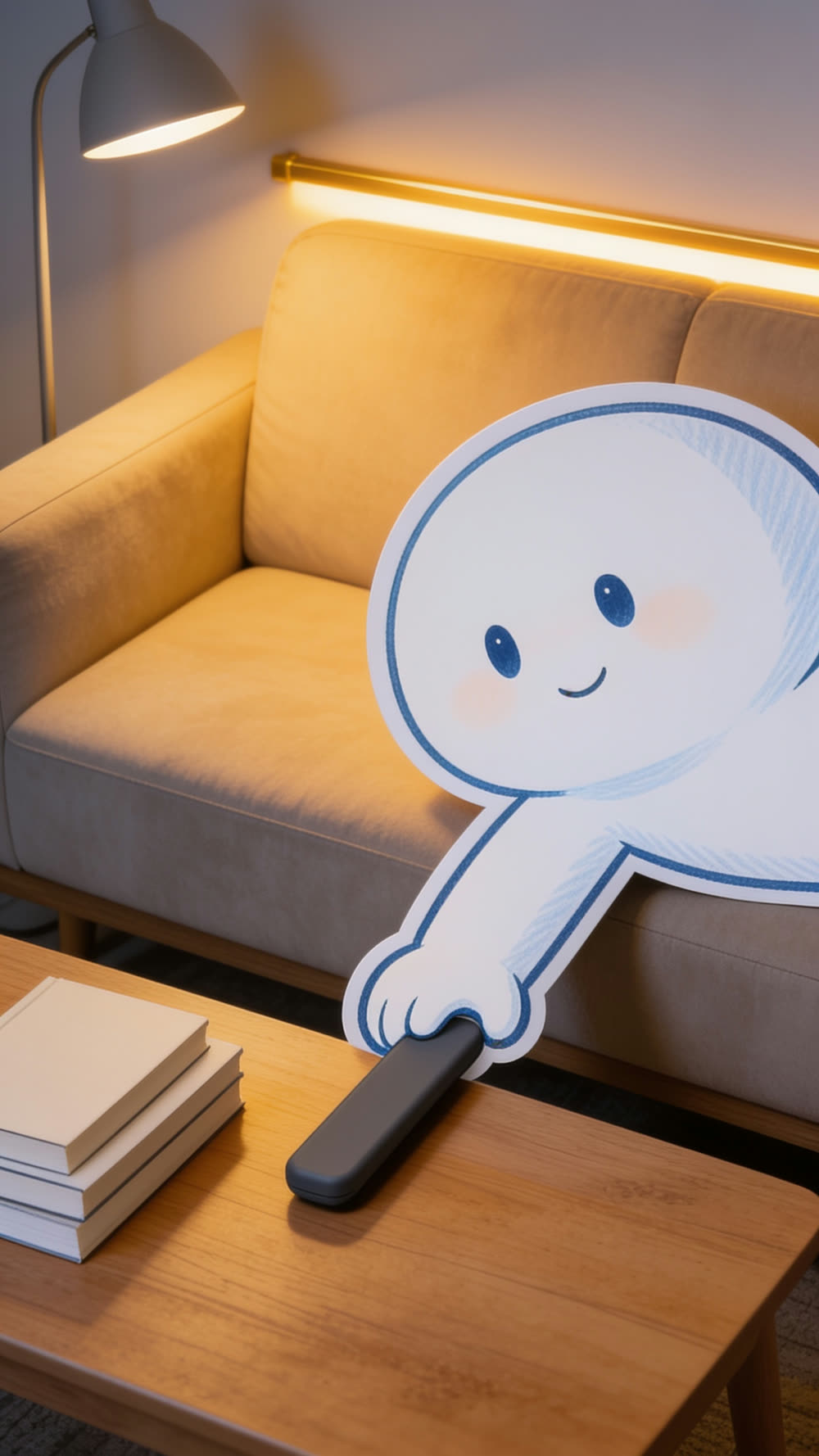 Close, high angle over the coffee table: the mascot leans in and sets the remote down with both hands, letting go.