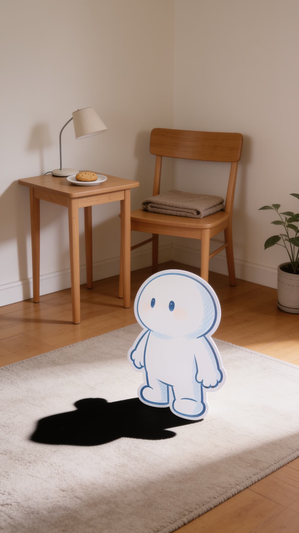 A round white mascot stands in a cosy living room that already looks almost perfect: a folded blanket on the back of a second chair, a lit lamp on the side table, a smooth rug, and one biscuit on a saucer. The second chair sits empty.