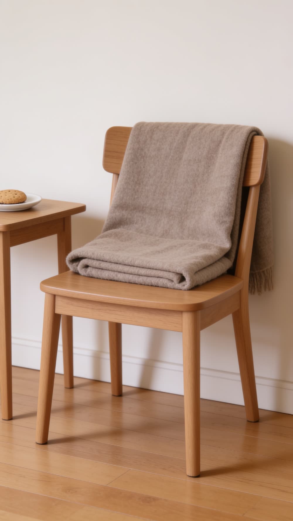 A single empty chair beside a small side table, everything around it made perfect: a folded blanket, a lit lamp, a smooth rug, and one biscuit untouched on its saucer.