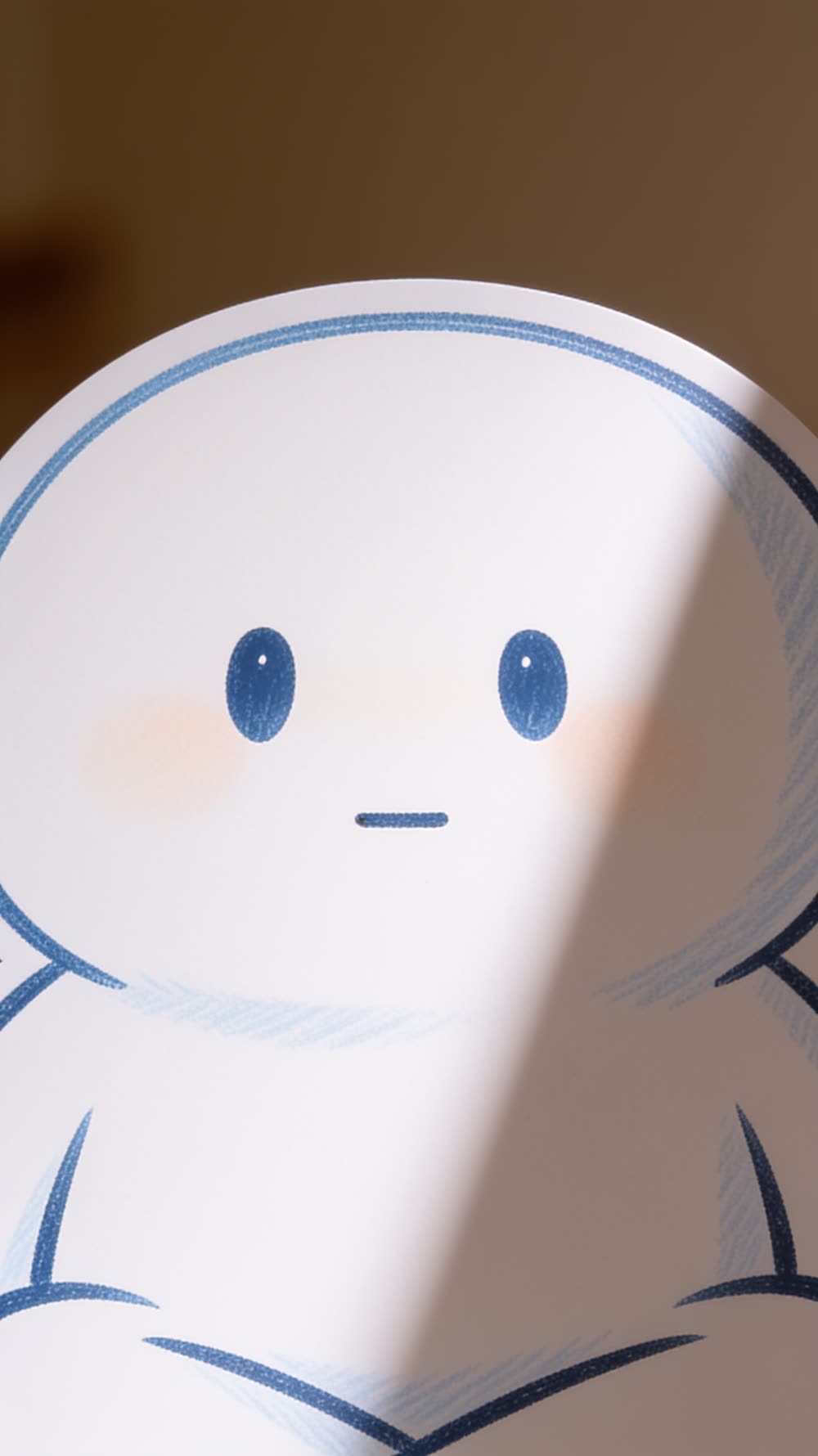 Close on the mascot's face as its satisfied smile fades into a quieter, more honest expression.