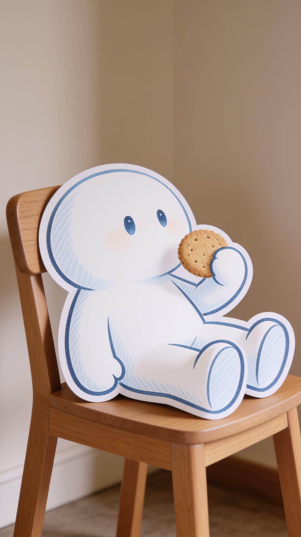 The mascot settled calmly in the second chair, biscuit in hand, at ease.