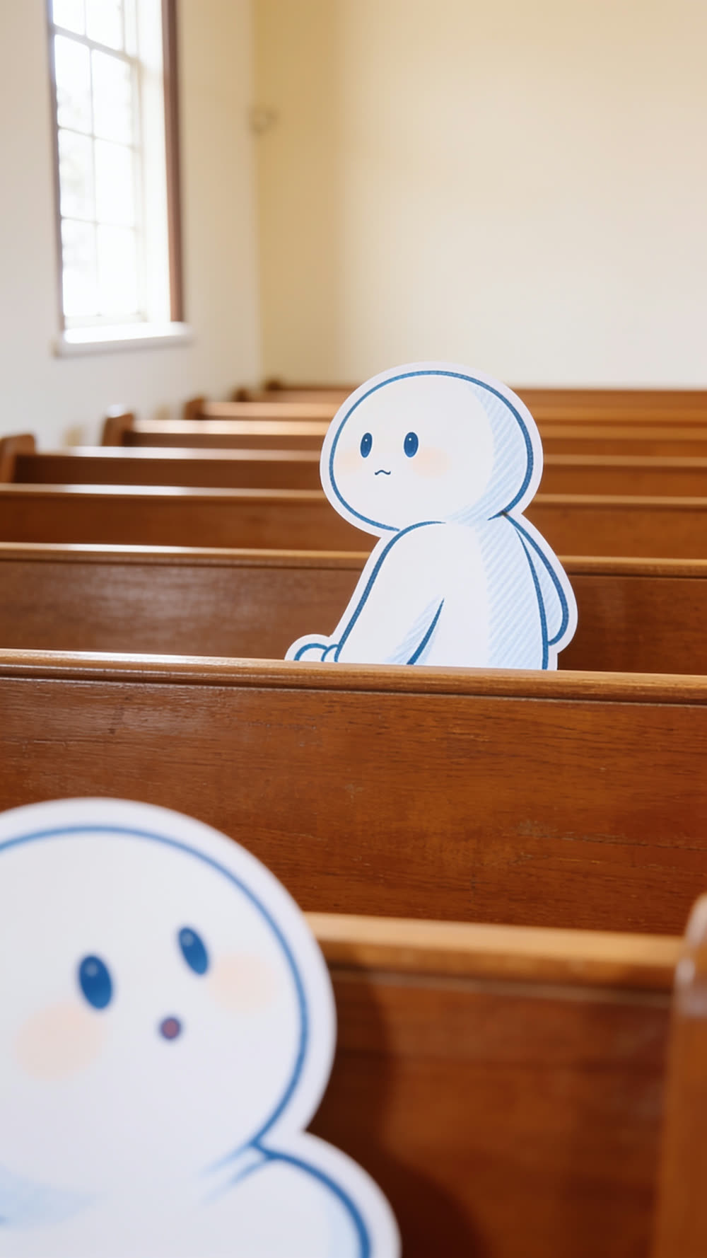 One mascot, seen from behind, turns around in its pew to glance back at the mascot behind it with a composed, mildly concerned expression.