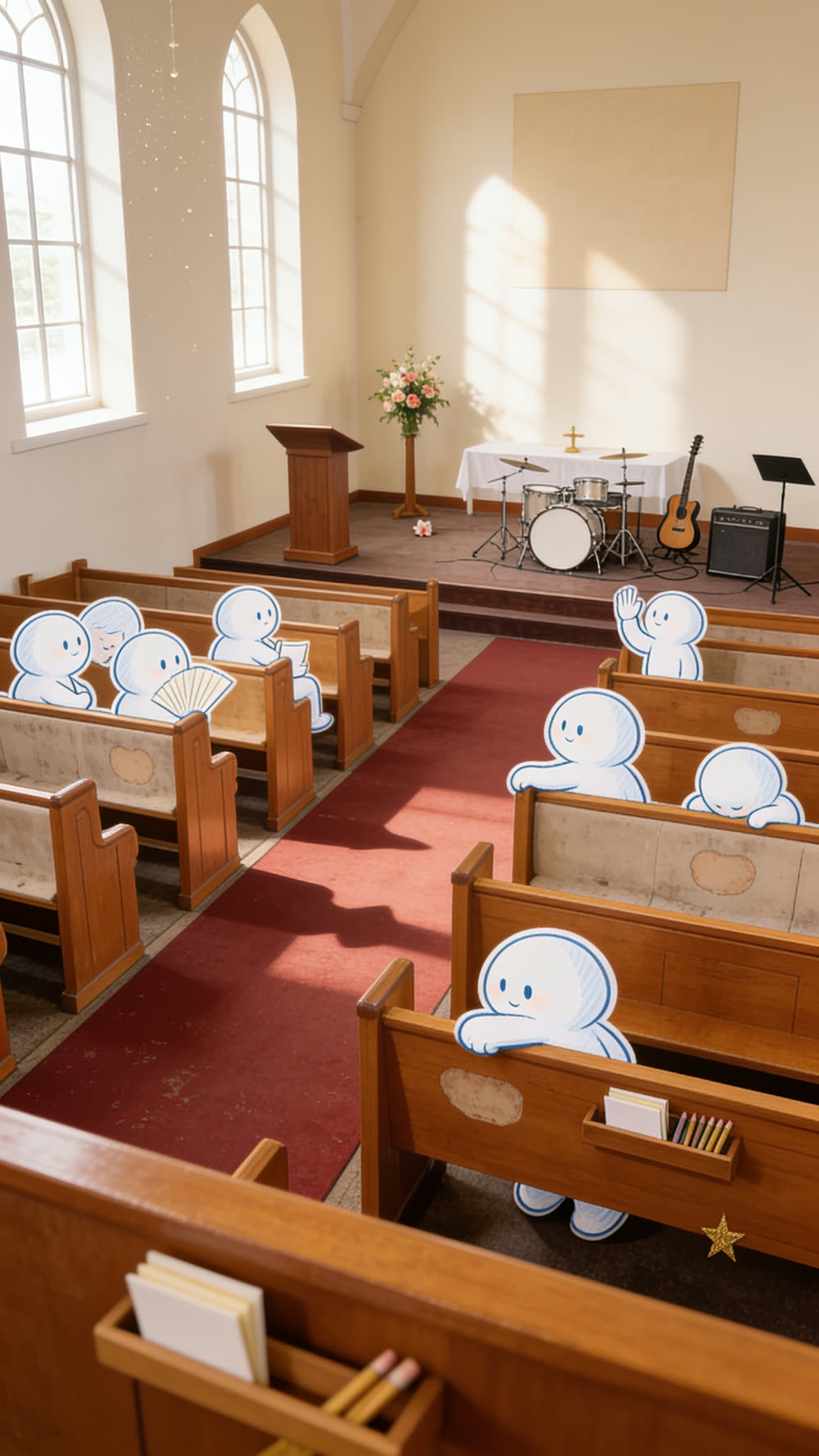 A church sanctuary full of Pundayschool's round mascot characters seated in the pews before the service, morning light streaming through tall arched windows, small cream comment cards and stubby pencils tucked into a rack on the back of each pew.