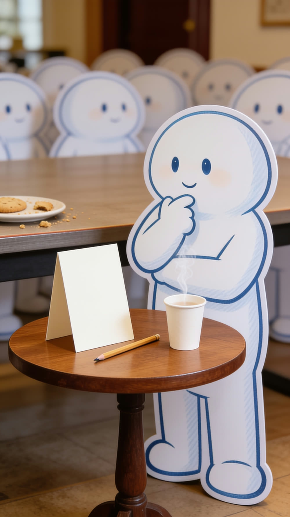 A small blank cream comment card propped upright against a steaming paper coffee cup on a round wooden table, exactly like a tiny menu, with a stubby pencil laid neatly beside it.