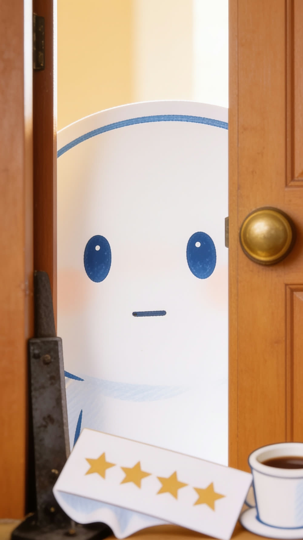 A close-up of a Pundayschool mascot's face at an open church door, its expression frozen completely blank, a five-star comment card and a coffee cup blurred and drooping in its hands, just after being asked which part it is taking home.