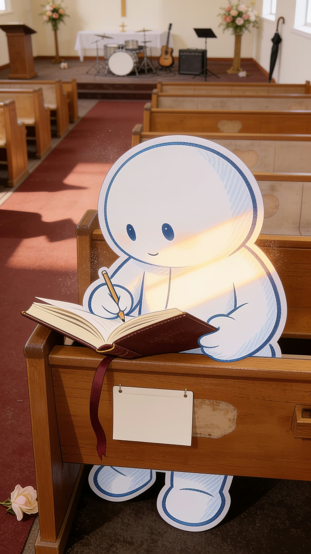 A Pundayschool mascot sitting alone in a sunlit pew, writing slowly in an open leather Bible resting on its lap, the star-rating comment card now flipped face down and blank on the bench beside it.