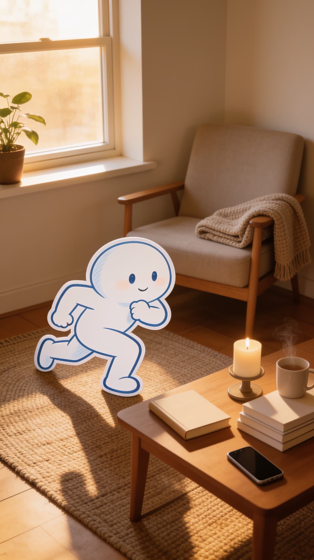 A flat cutout mascot crouched in an exaggerated sprinter's ready stance in a cosy reading nook, staring down an unlit candle, a closed book, and a folded blanket like a starting line.