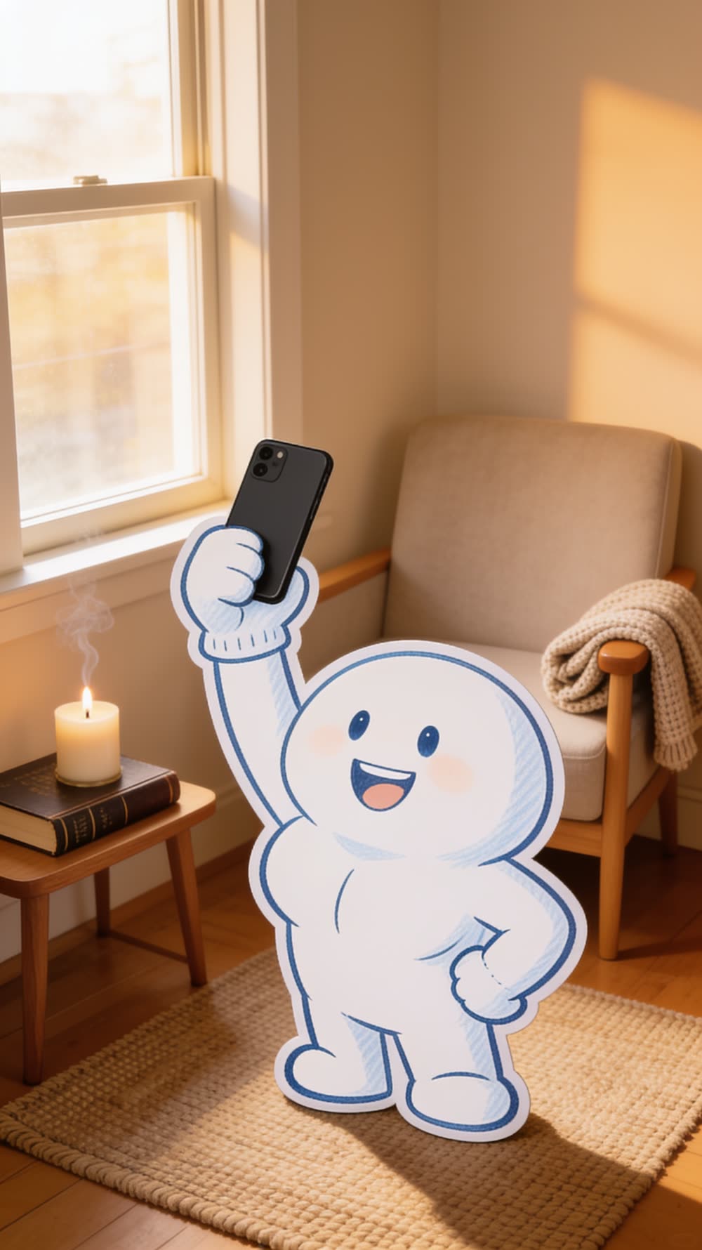The mascot holds a phone aloft like a trophy, chest out, grinning, the phone's blank back to camera, in a warm sunlit reading nook.