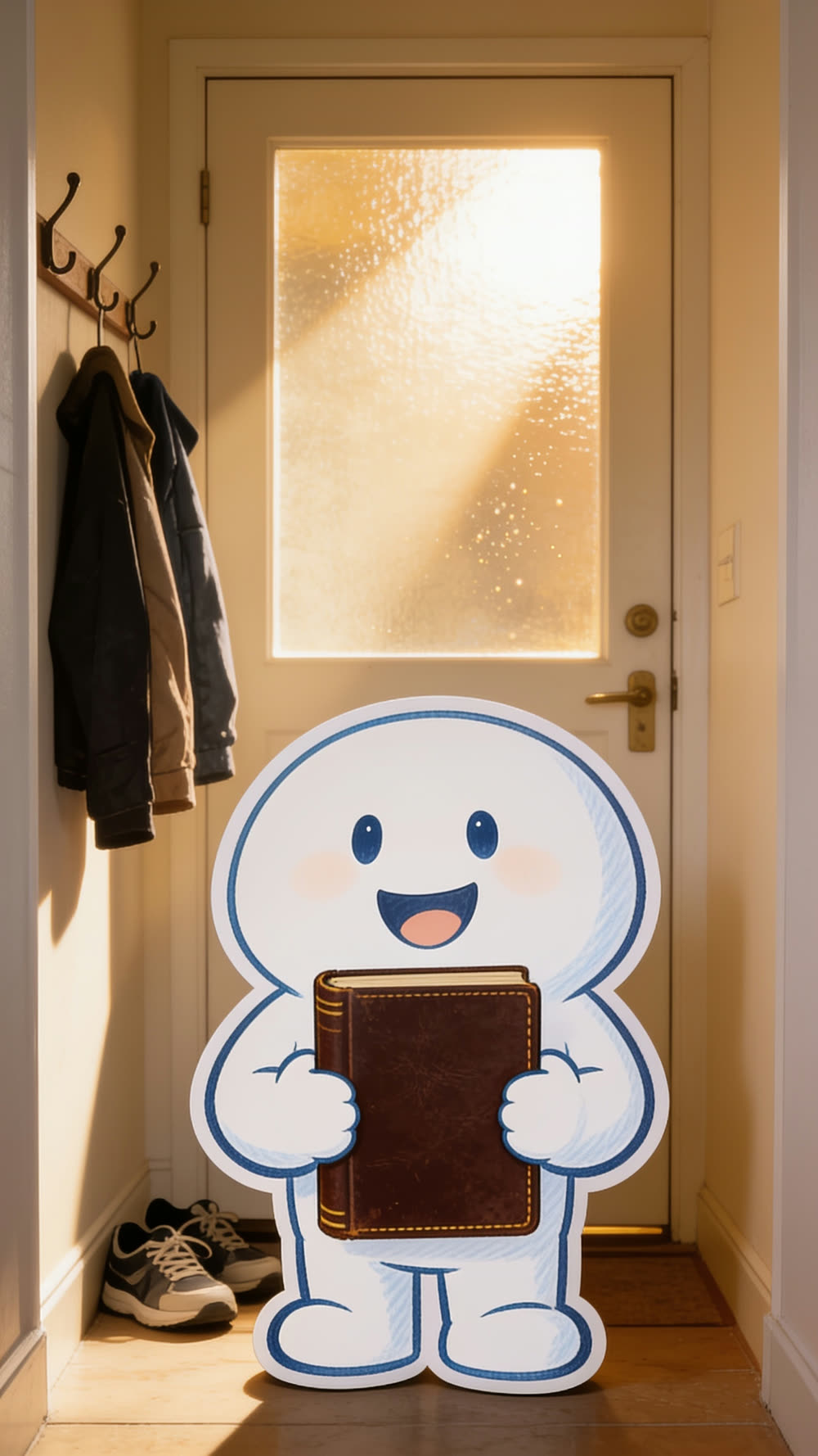 Pundayschool's round white mascot character stands by a front door, hugging a well-worn Bible to its chest with both arms, the way someone might carry a gym bag on their way out the door, morning light streaming through the doorway glass behind it.