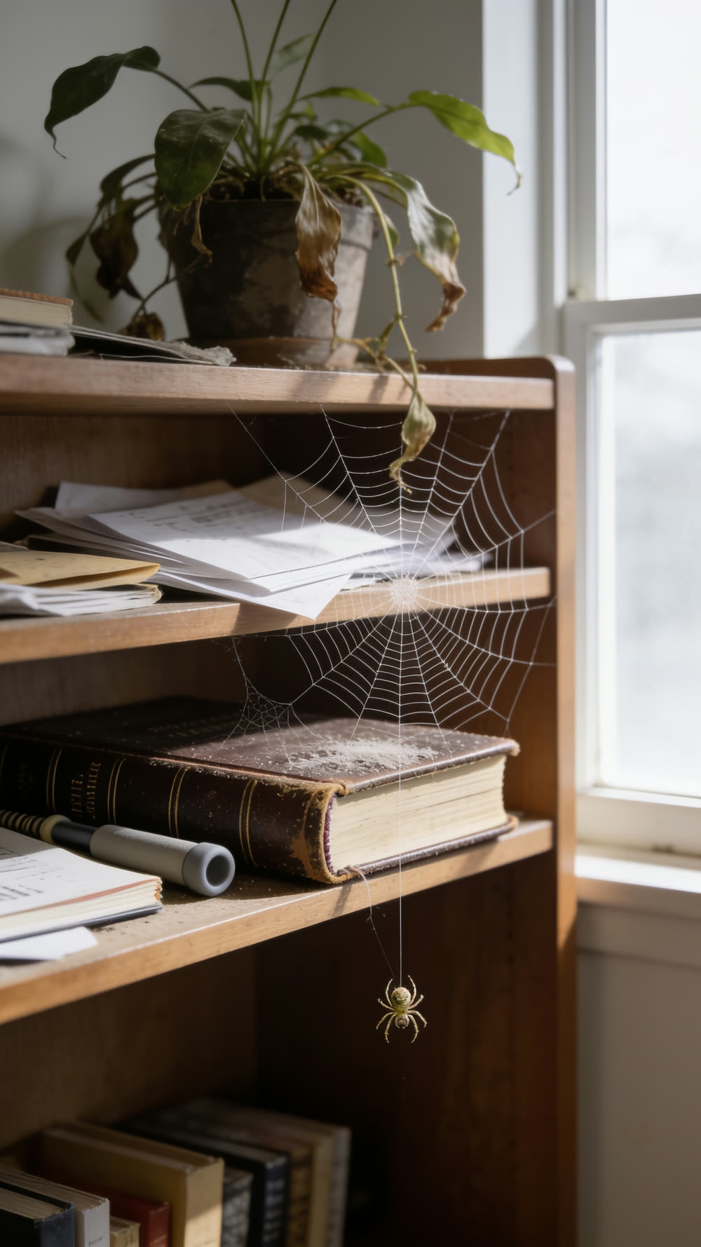 A dusty houseplant and an old leather Bible sit together on a wooden shelf, a spider's web strung between them with a small spider hanging from a single thread, papers piled untouched nearby.