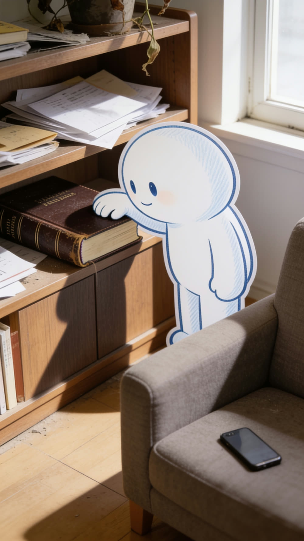 The mascot character sits deep in an armchair scrolling on a phone, while a closed Bible rests on the floor in the foreground, out of focus and within easy reach.