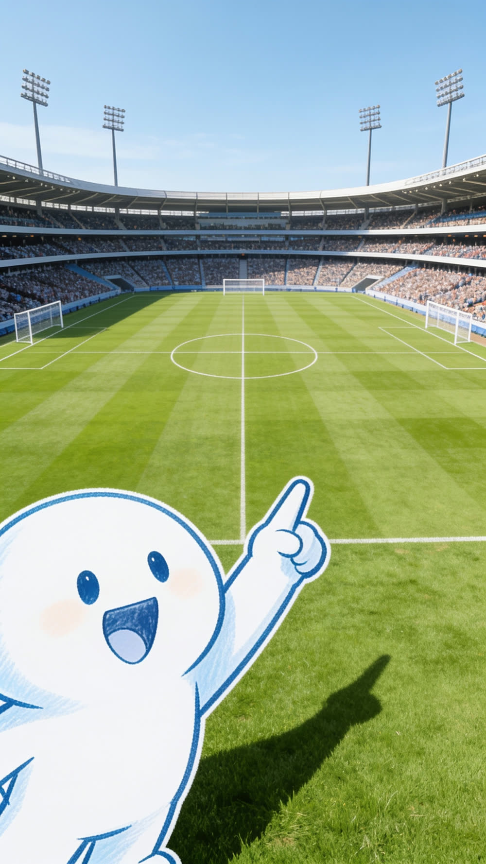 Twenty-two volunteers spread out across a full football pitch, busy at their different jobs, with a packed stadium stand rising behind them.