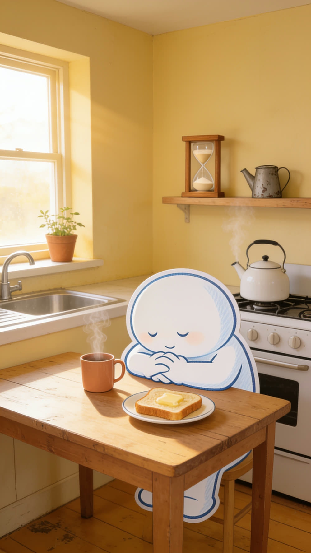 A small round mascot character bows its head over folded hands at a kitchen table, a slice of buttered toast and a steaming mug of coffee in front of it, and an hourglass sitting on a shelf behind.