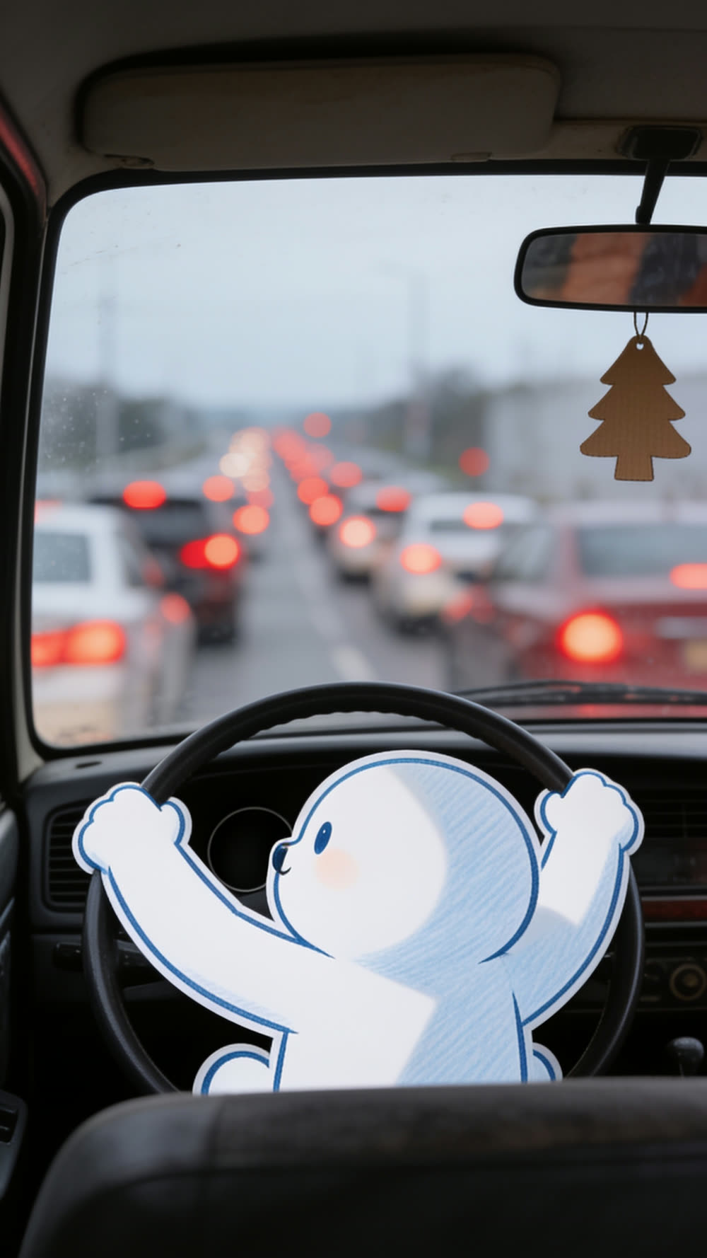 The same mascot character grips a car steering wheel with both hands, staring out through the windshield at a long line of brake lights in unmoving traffic, a small air freshener hanging from the mirror.