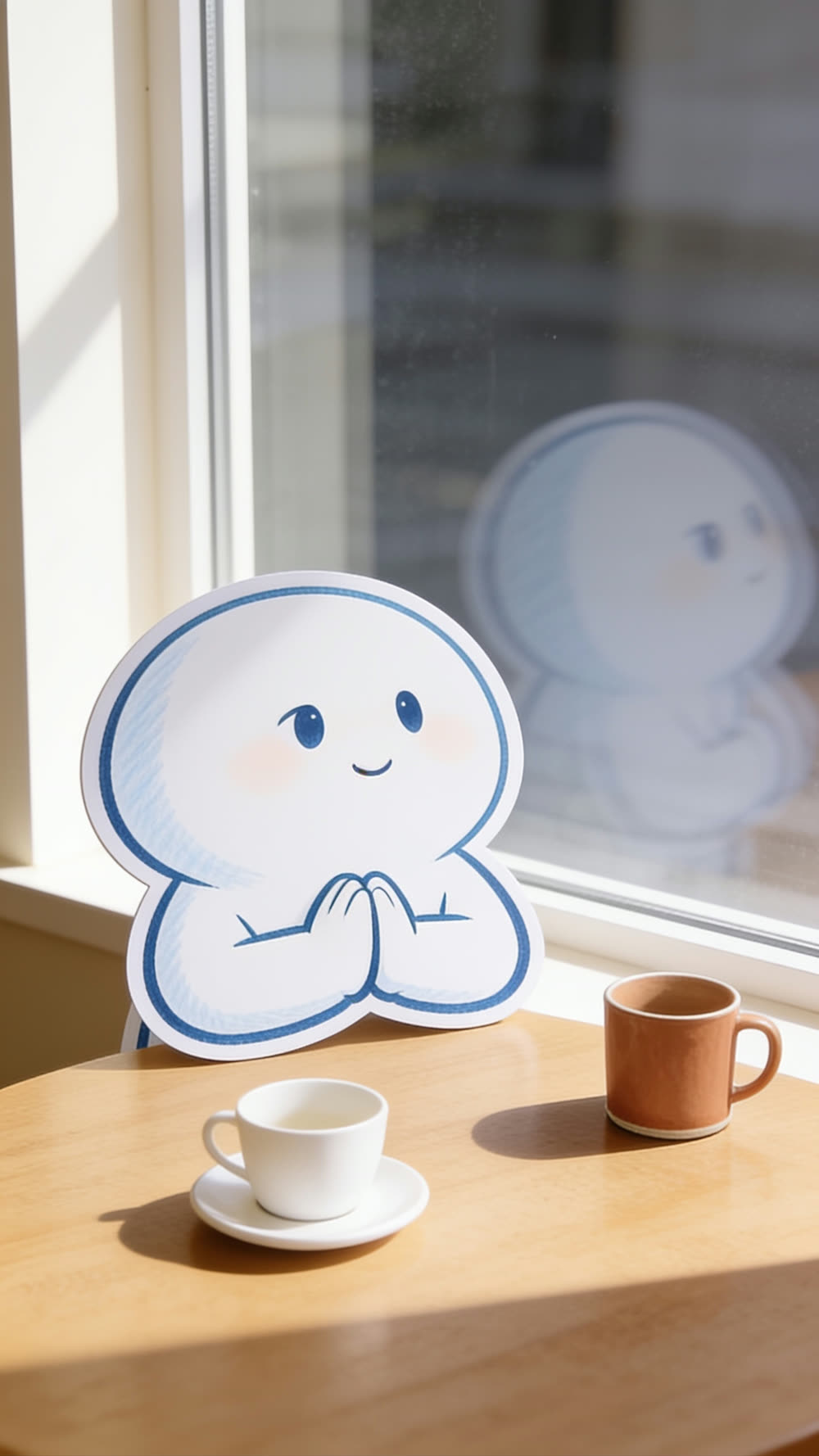 The mascot character sits quietly at a sunlit window with its hands folded, a faint reflection of itself visible in the glass, two coffee cups resting on the table.