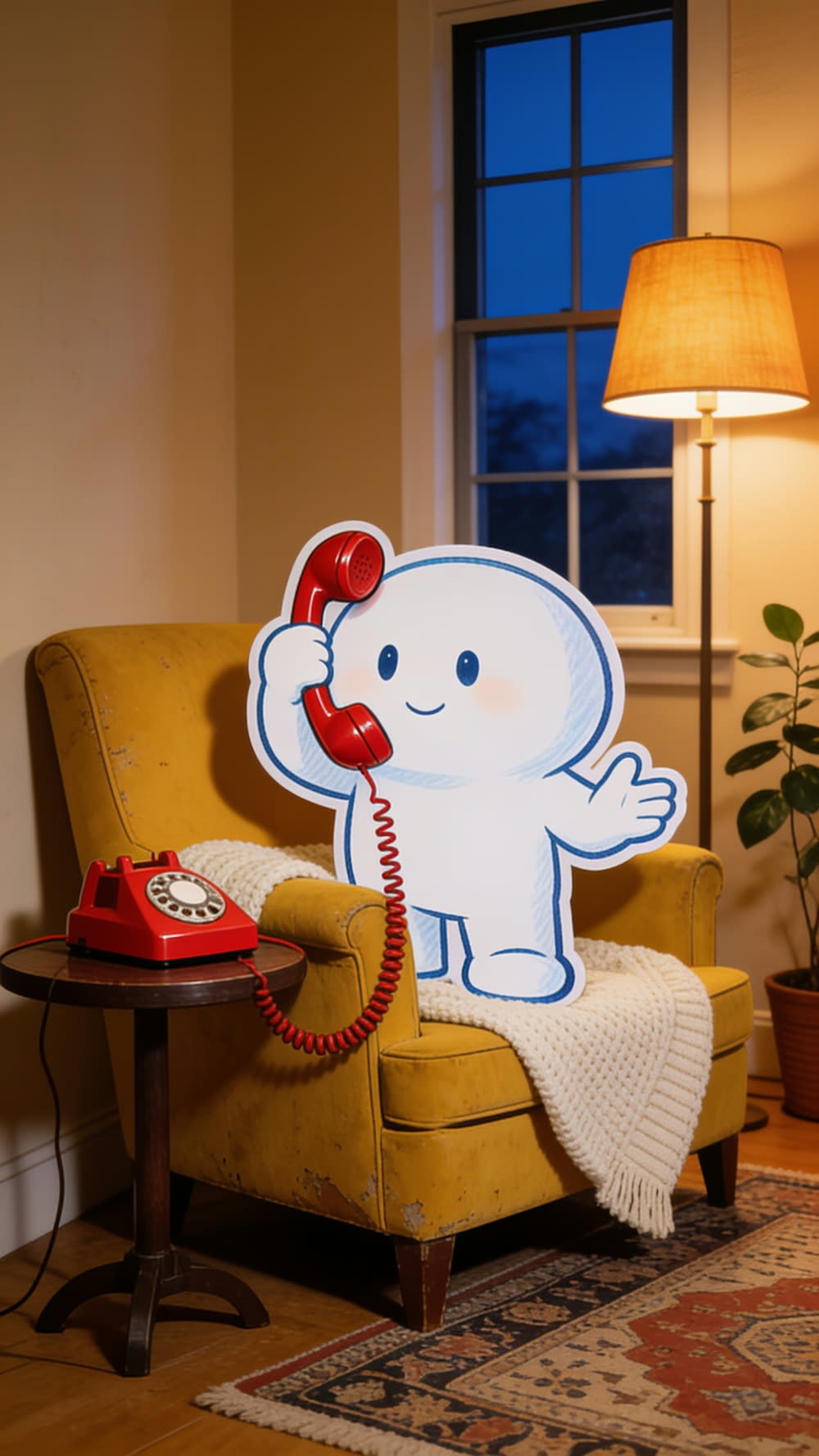 Pundayschool's round mascot stands beside a worn yellow armchair in a lamp lit sitting room, holding a red rotary telephone handset to the side of its head, clearly mid sentence, its other hand gesturing as it talks.