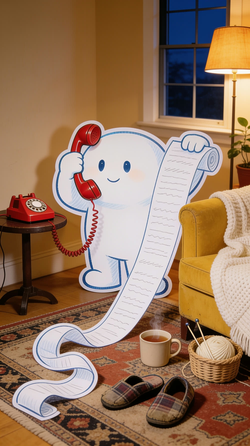 Pundayschool's mascot holds a red telephone handset to its head while an enormous scrolled list unrolls from its other hand, trailing across a patterned rug past a pair of slippers and a basket of yarn.