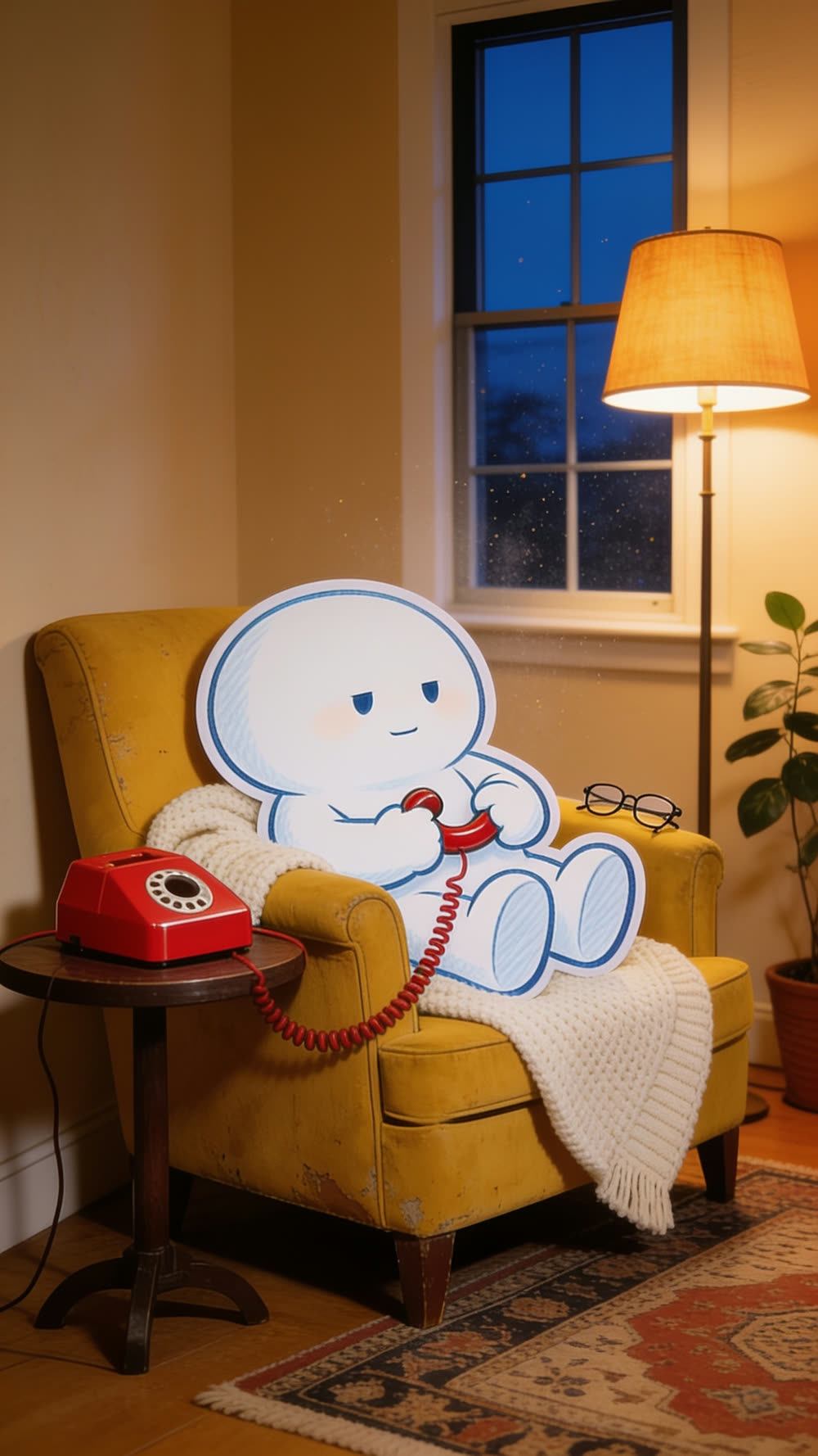 A wide view of a lamp lit sitting room: Pundayschool's mascot sits small in a yellow armchair holding a phone handset, while a second, plain wooden chair stands facing it, empty, lit by warm lamplight.
