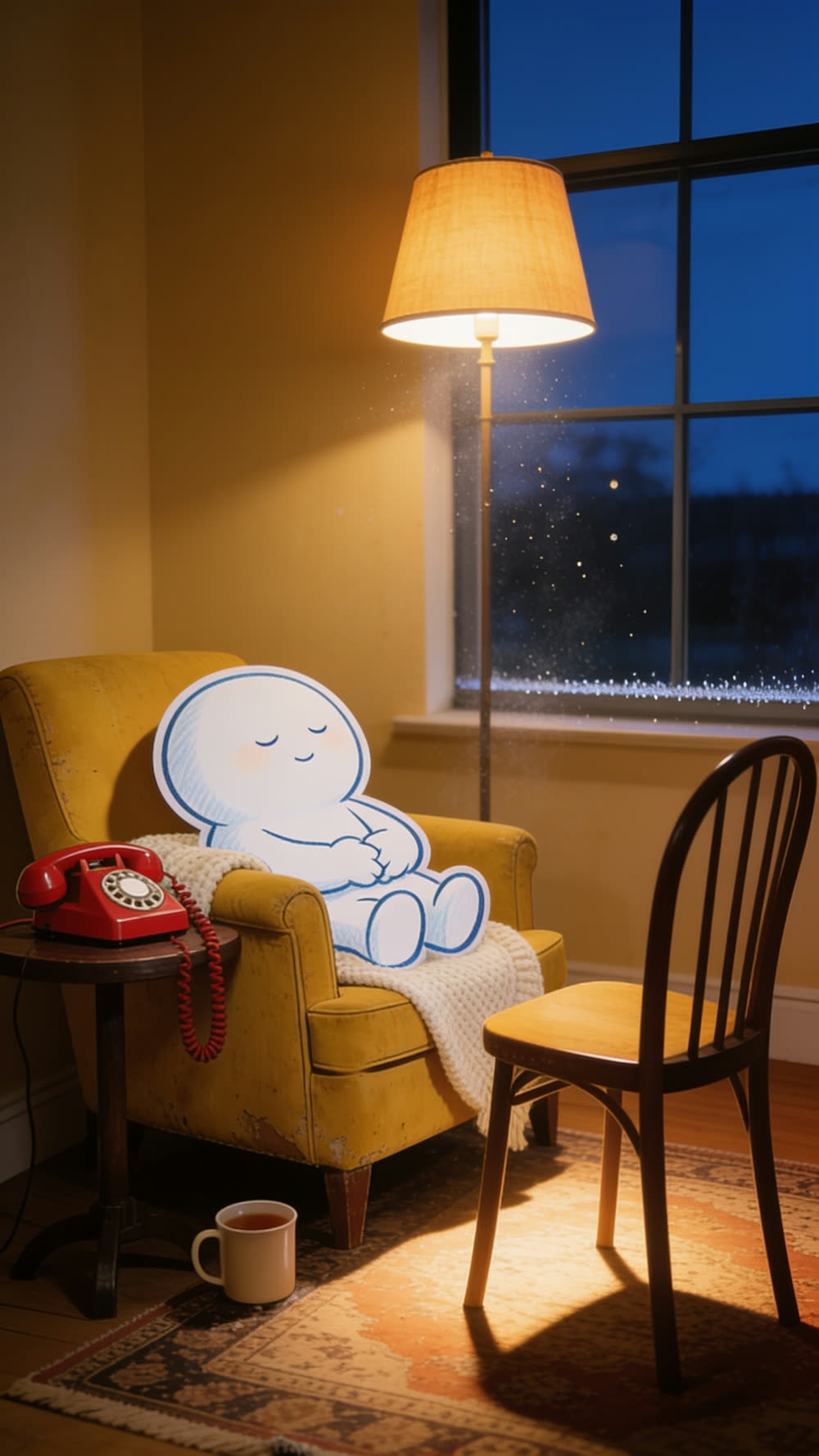 Pundayschool's mascot sits back in the yellow armchair with its eyes closed, hands folded quietly in its lap, completely at rest, the red telephone resting on its cradle on the table beside it.