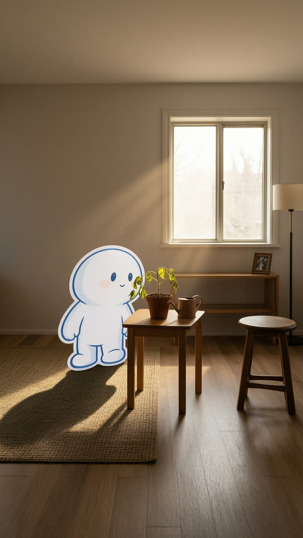 A round white mascot stands beside a small drooping potted plant on a side table in a sunlit room, with a windowsill, a low shelf, and a stool with a lamp also visible.