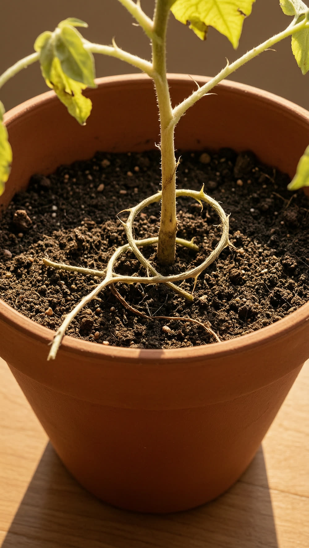 A close-up push-in on the base of a plant's stem in soil, showing a thin weed wrapped once around the stem, in soil that has never been disturbed.