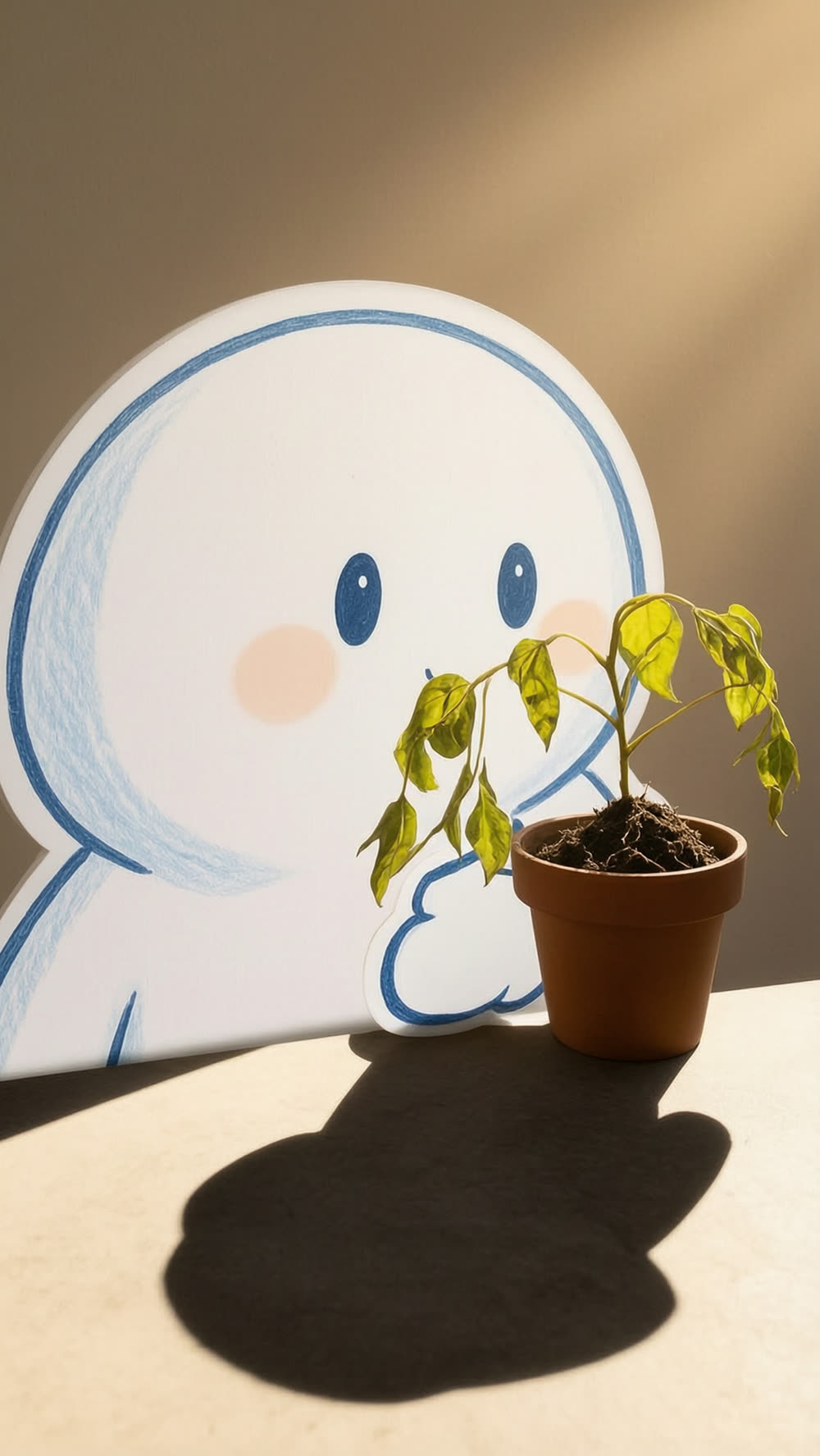 Close on the mascot's face, softening into a hopeful, attentive look down toward the plant.