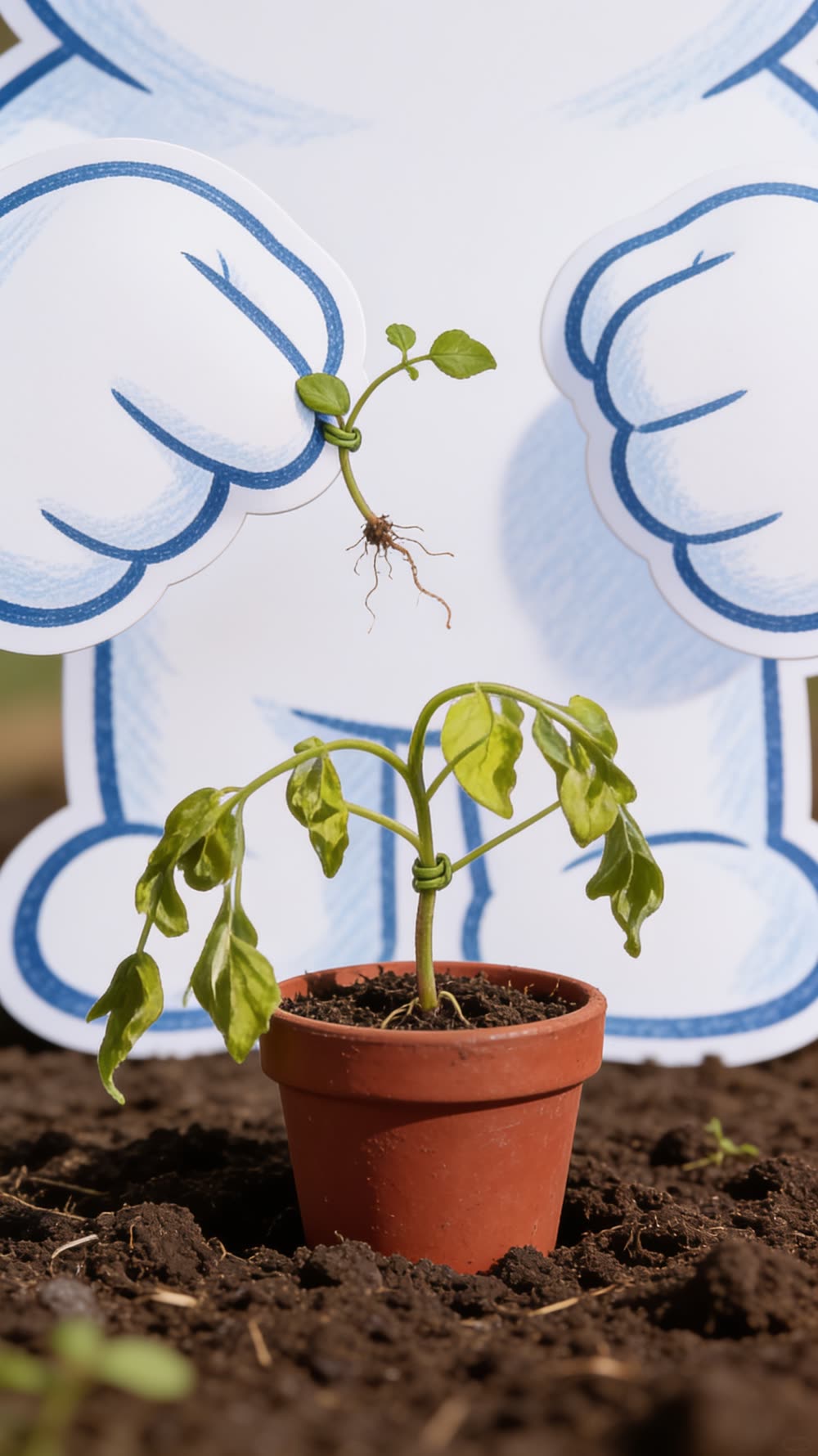 Close on a pair of hands reaching into the soil, closing around the base of a thin weed, and pulling it free with its root.