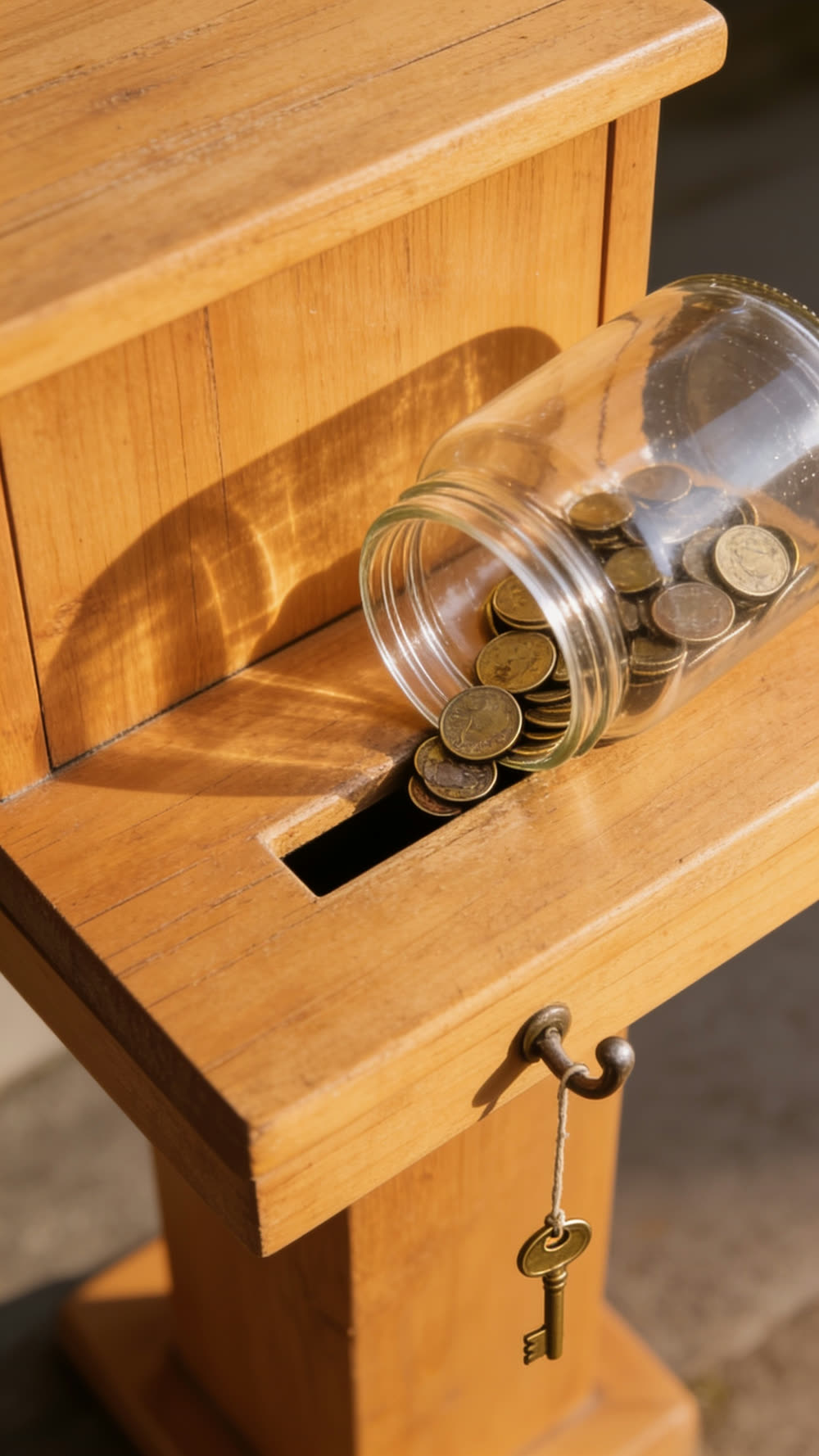 A close, high angle over a plain wooden offering box: a bright arc of plain worn coins falls from a tipped clear glass jar into the coin slot, hands and jar only, mid-pour.
