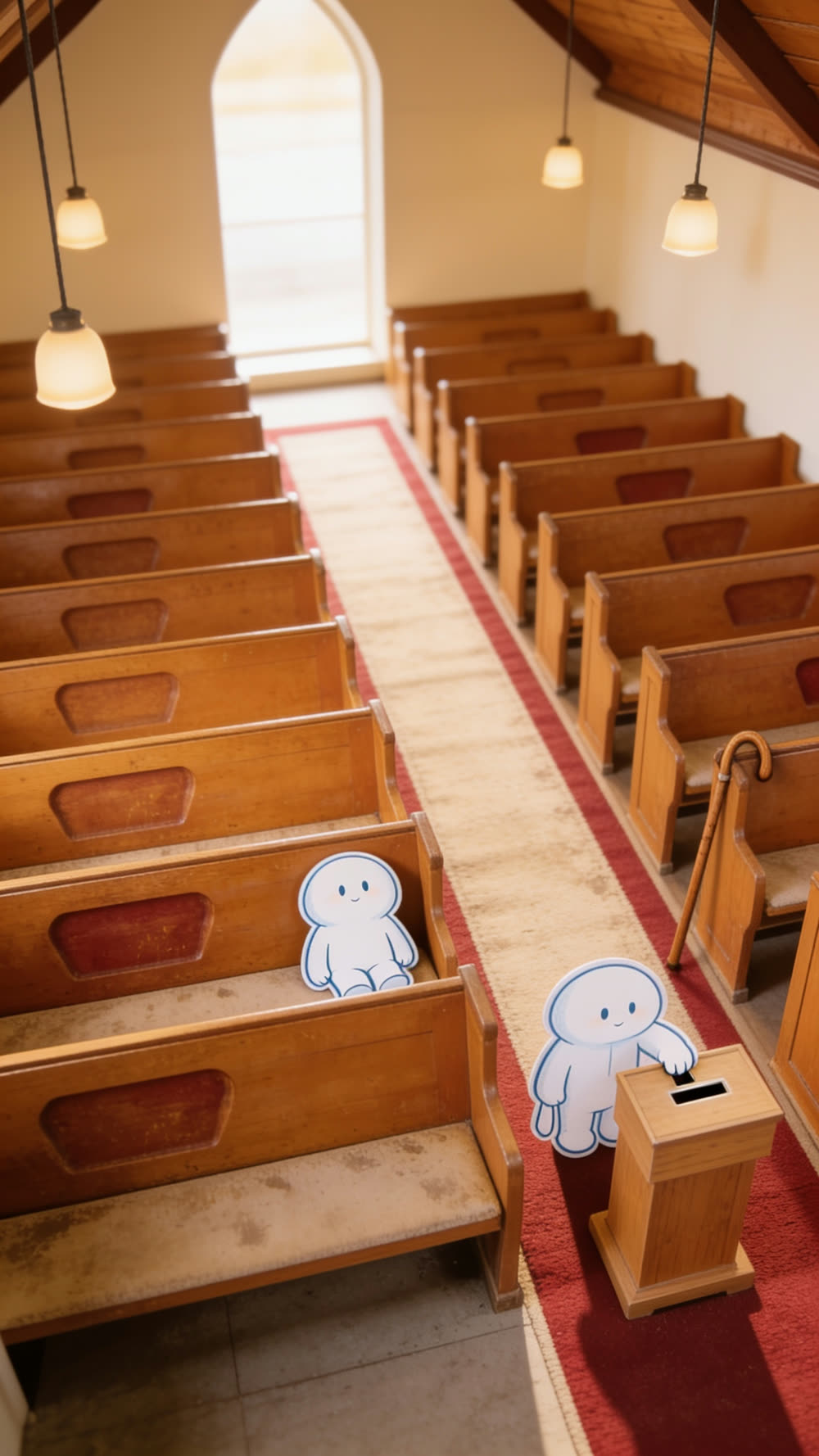 A wide view of a small warm church hall: the whole room and its blurred rows face the bright front, while a small stooped mascot cutout figure stands alone at the plain wooden offering box at the frame's edge, one hand at the coin slot, nobody turned toward it.