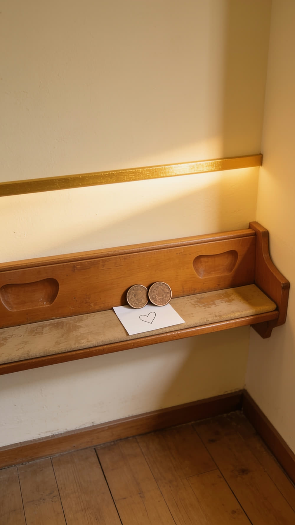 Two small worn copper-toned coins and a small paper note with a hand-drawn heart in pen line, resting together on a honey-brown wooden pew-back shelf, caught in a low warm band of light.